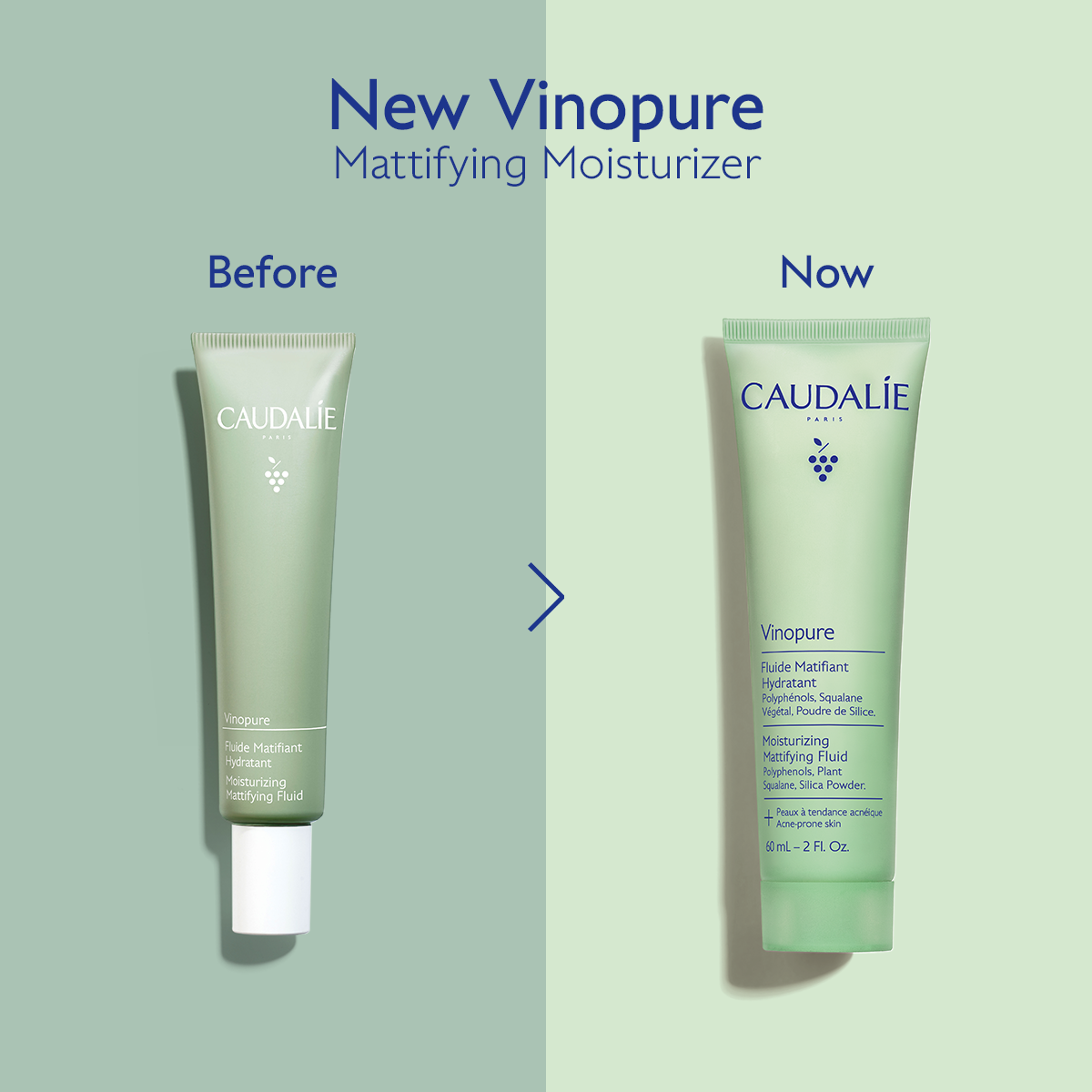 Caudalie Vinopure Mattifying Moisturizer packaging comparison on a green background
