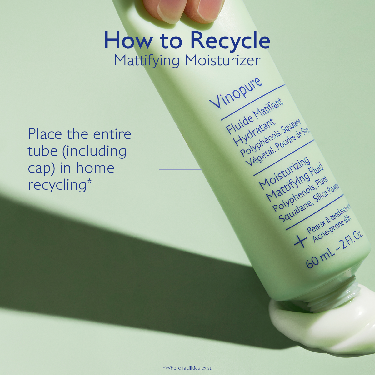 Vinopure moisturizing fluid bottle with recycling information on a light green background