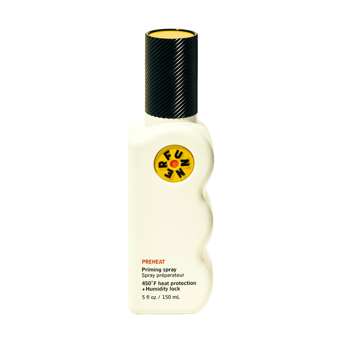 White spray bottle with black cap and yellow label on a white background
