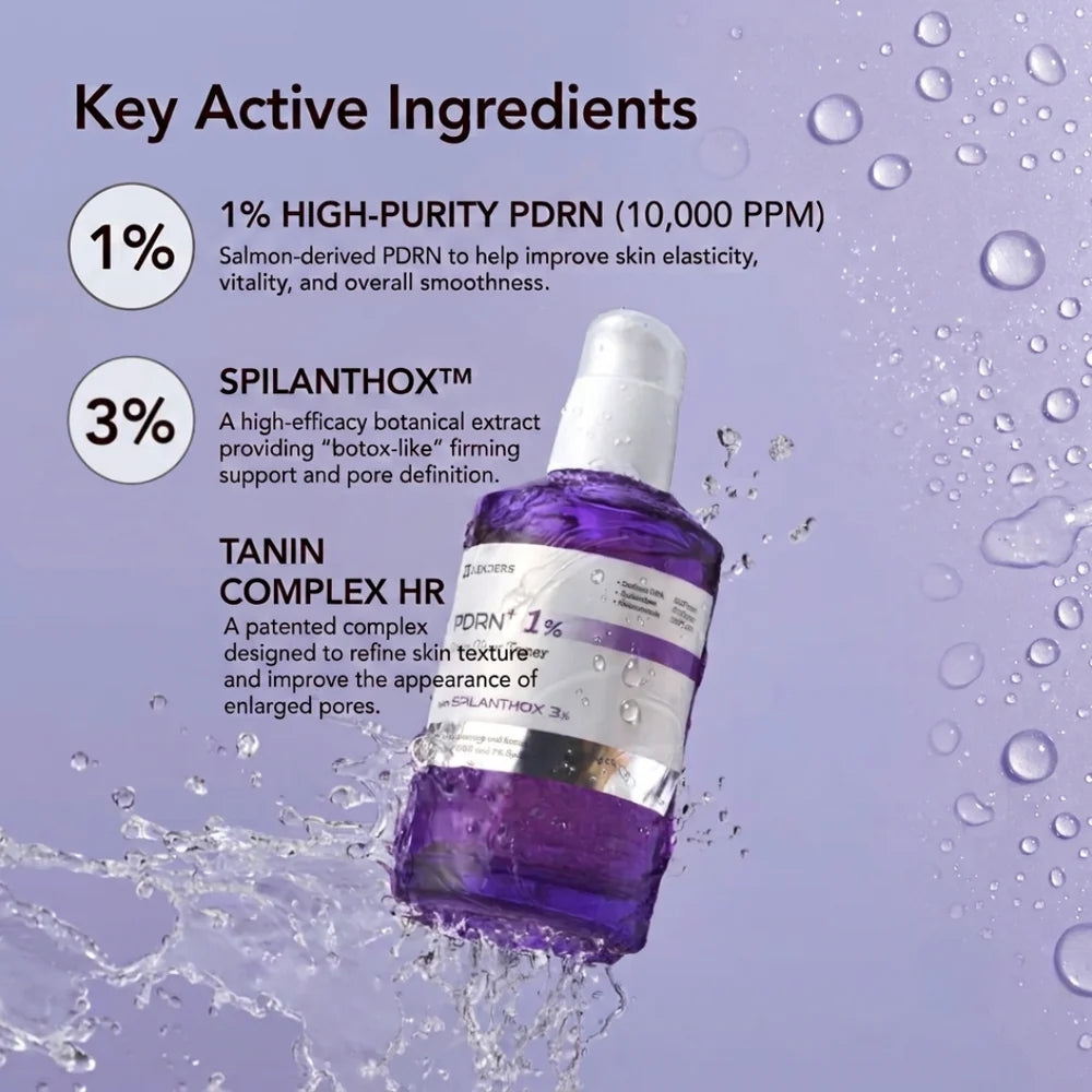 A purple cosmetic spray bottle labeled SPILANTHOX and TANIN COMPLEX HR, shown on a lavender background with water droplets and splash effects. Text highlights key active ingredients: 1% high-purity PDRN and 3% Spilanthox.