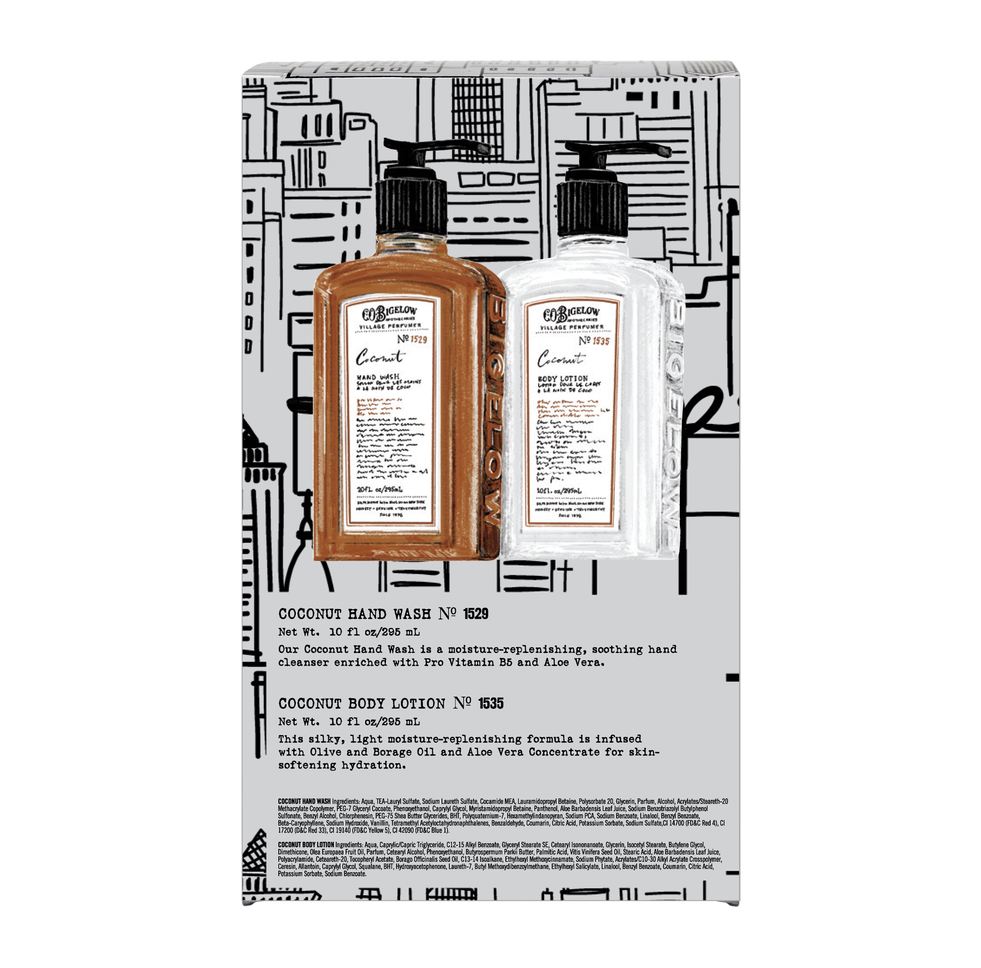 Two bottles of CO. Bigelow V Coconut hand care products with a branded box on a white background.