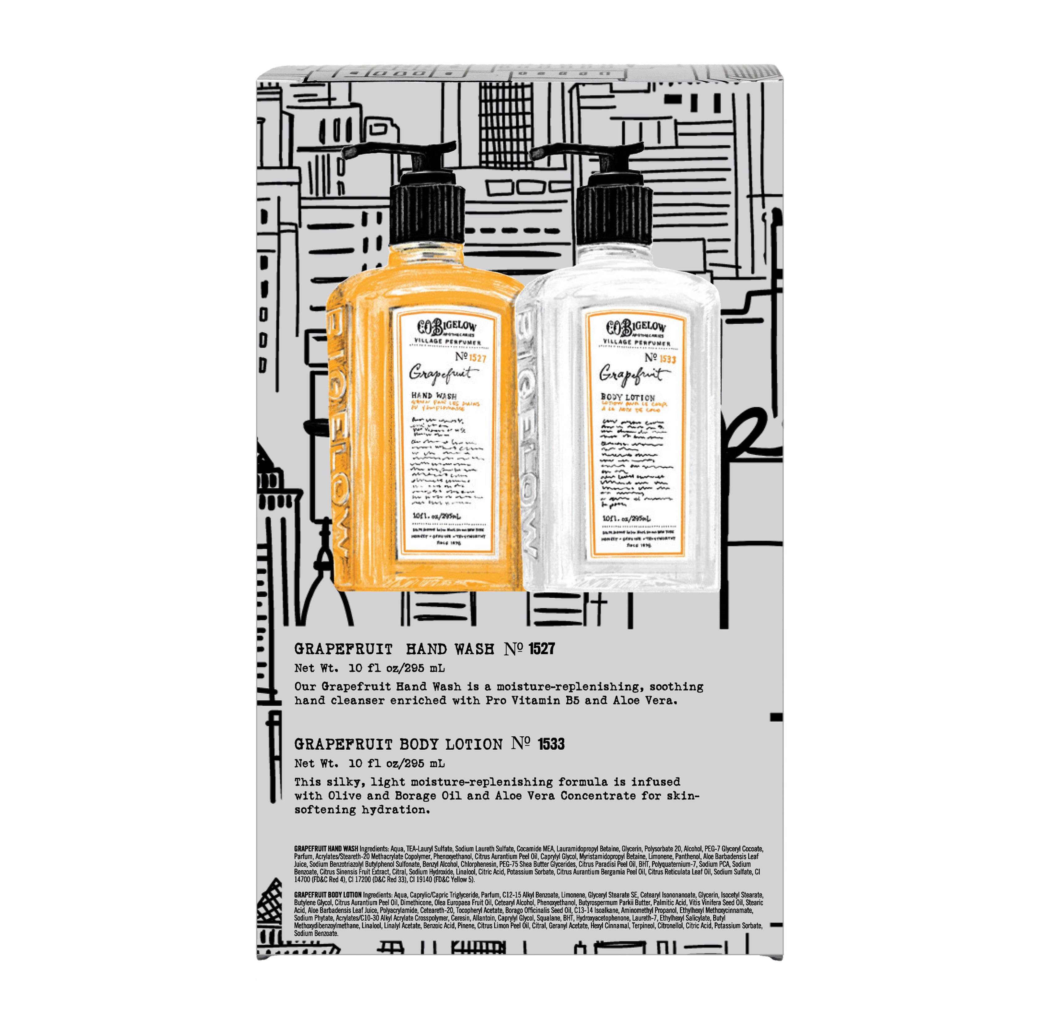 Two bottles of C.O. Bigelow Grapefruit Hand Care  products with a branded box on a white background