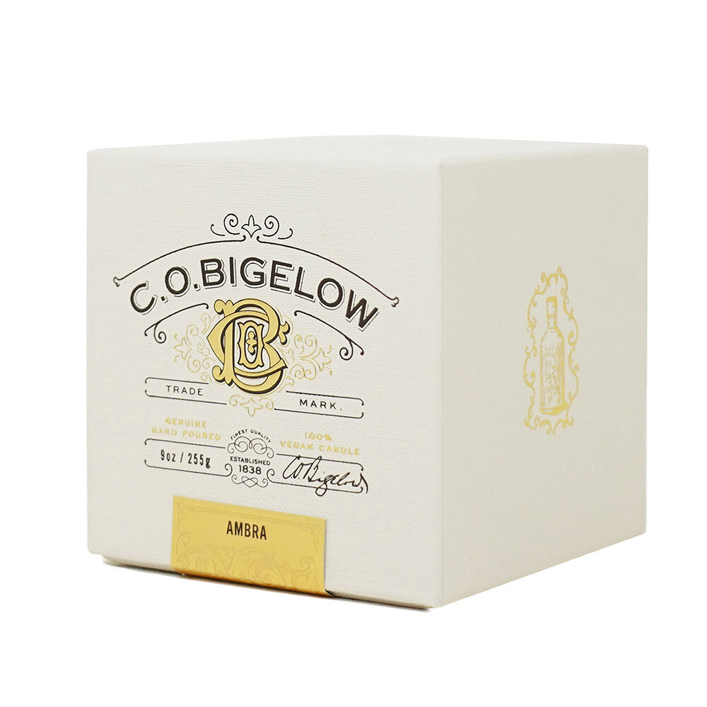 A cream-colored square box for C.O. Bigelow.