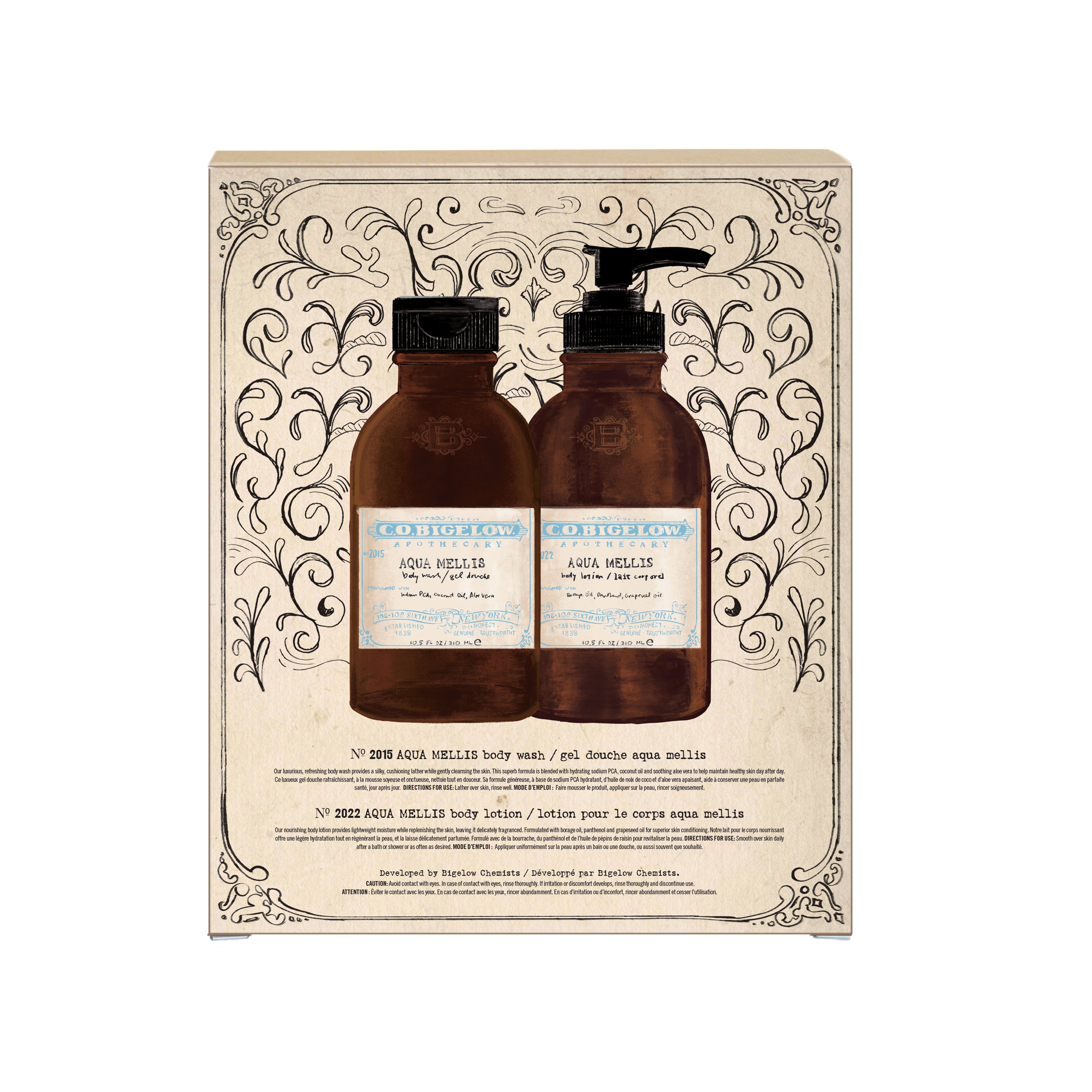 CO Bigelow Aqua Mellis Body Gel and Body Lotion packaging on a white background 