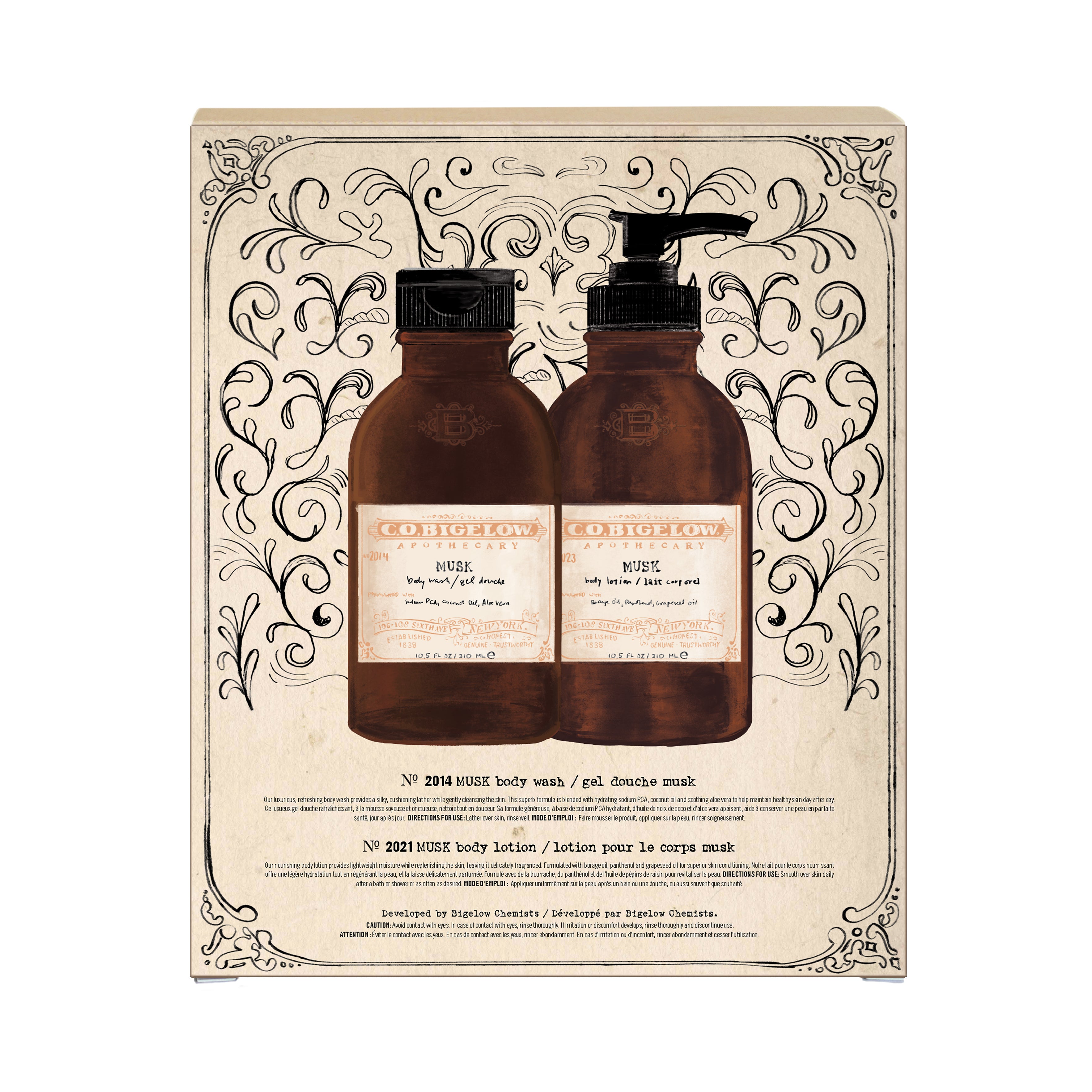 Musk Body Lotion and Body Wash set packaging on white background 