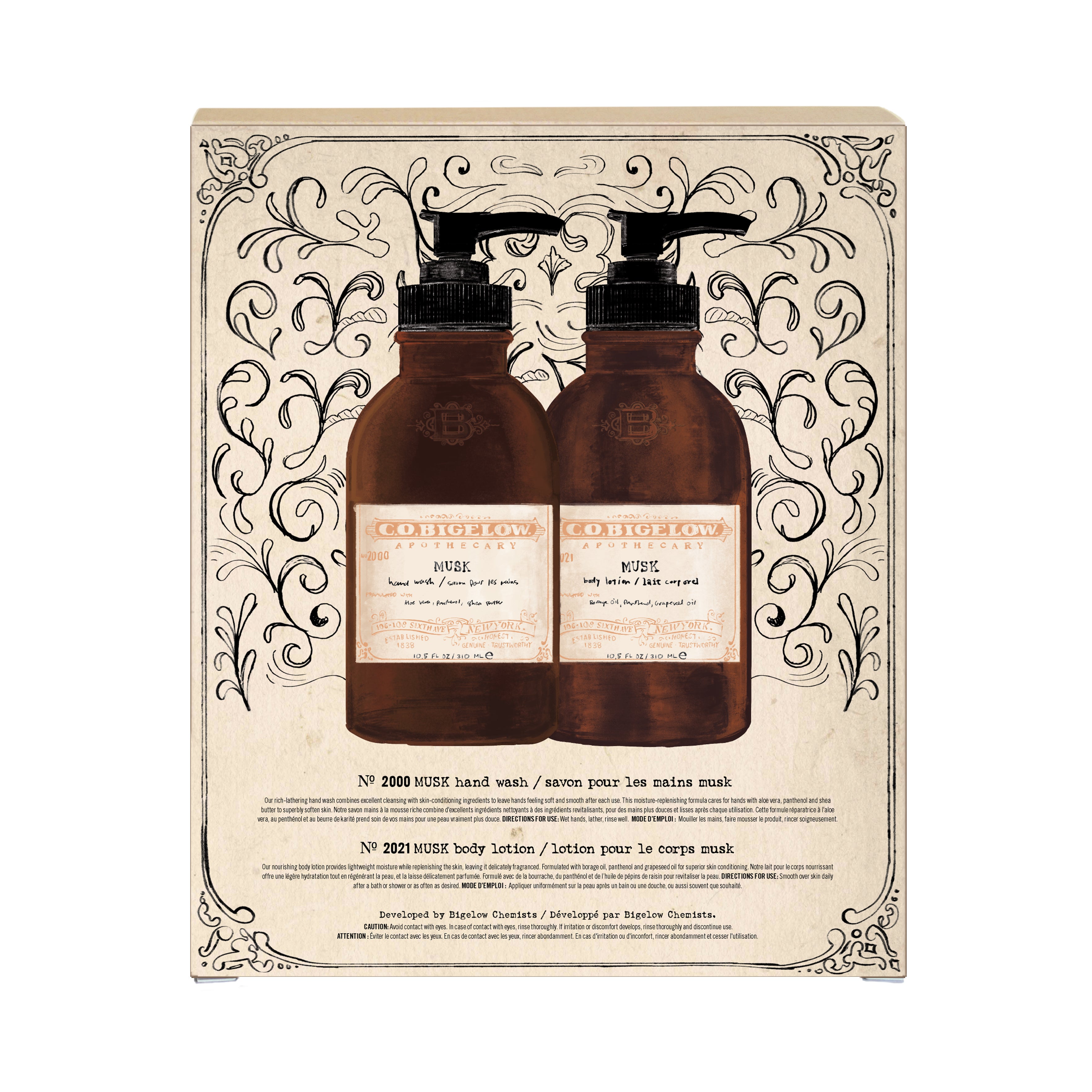 CO Bigelow Musk Body Lotion and Hand Wash Set packaging on a white background 