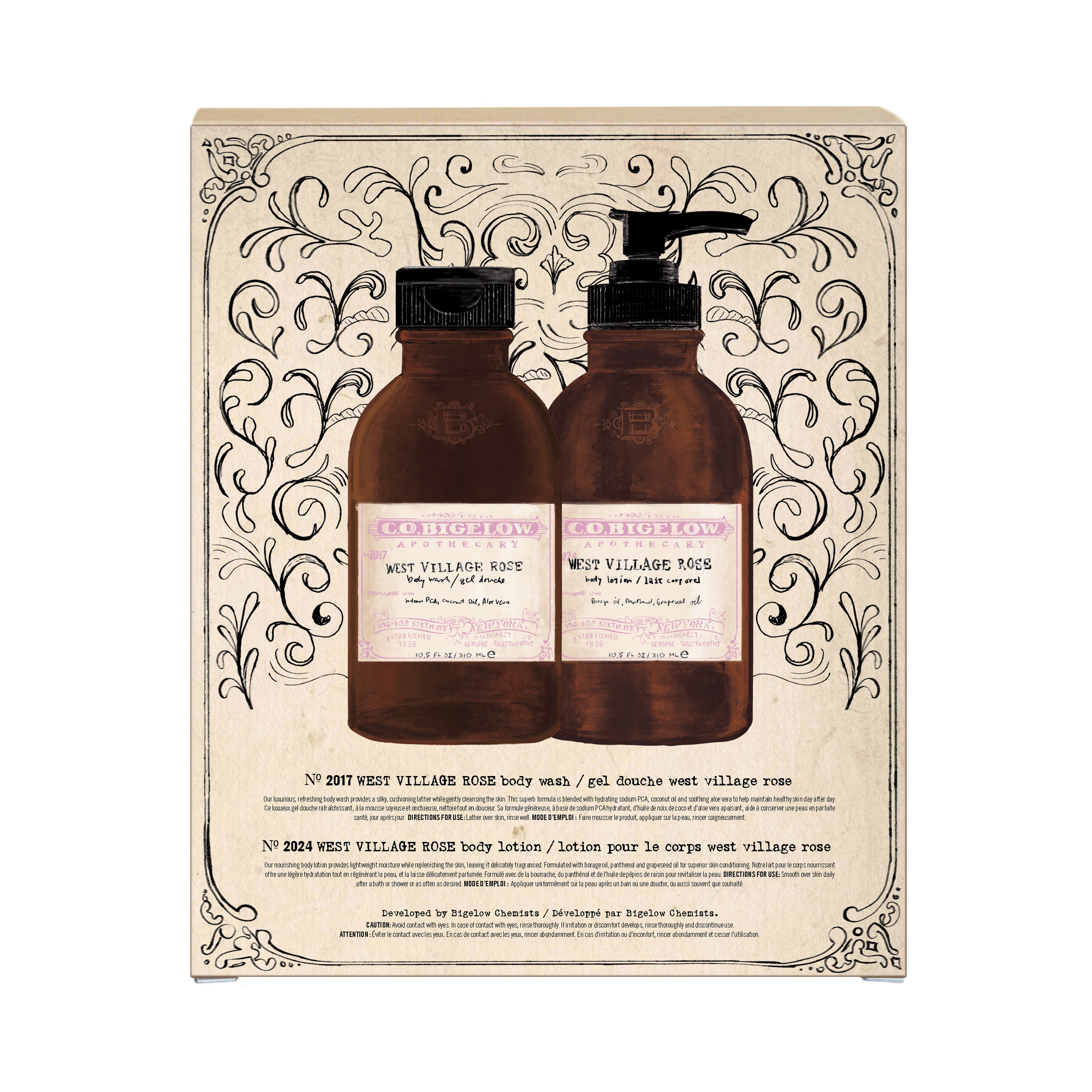 CO Bigelow West Village Rose Body Lotion and Body Cleanser set packaging on white background 