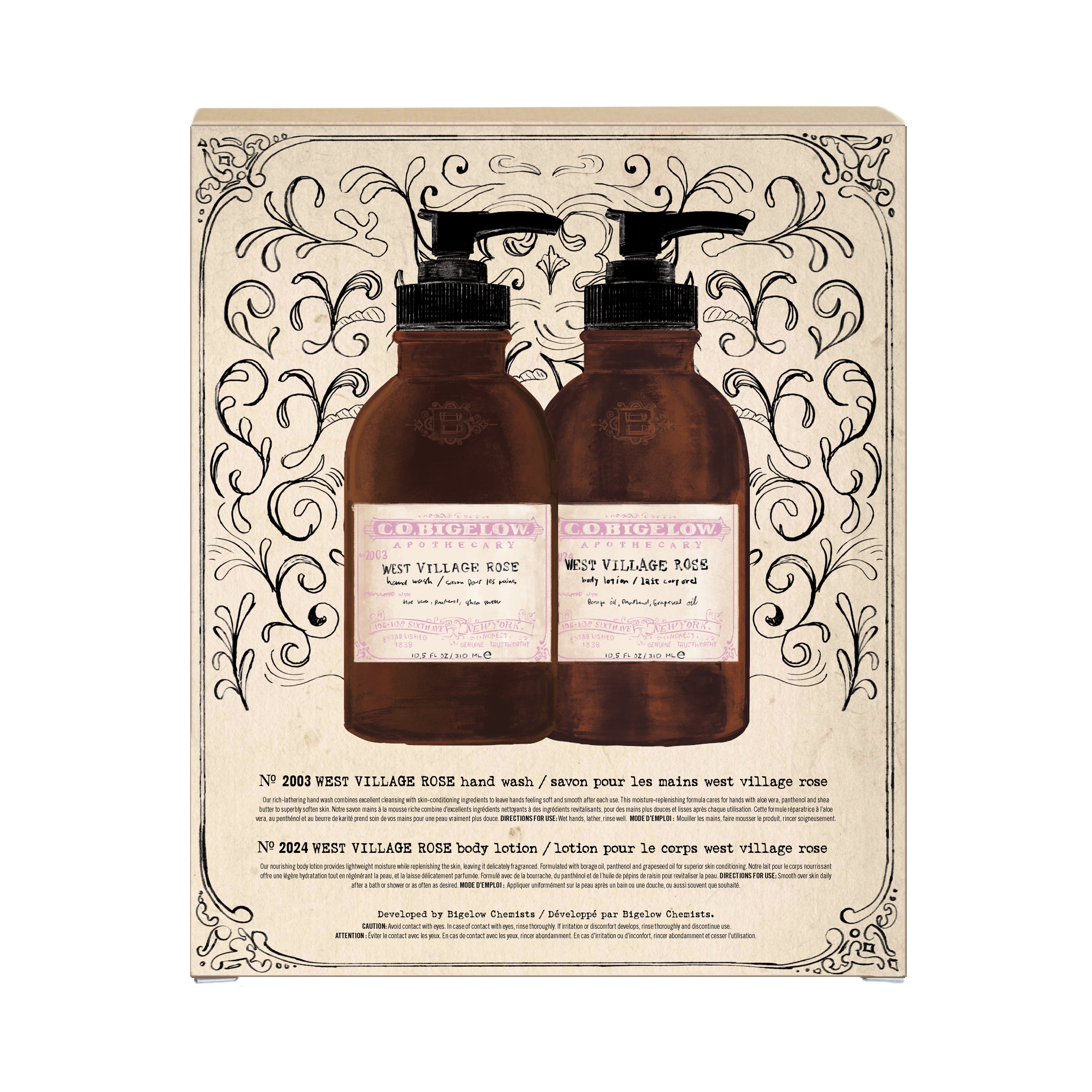 CO Bigelow West Village Rose Body Lotion and Hand Wash Set packaging on a white background 