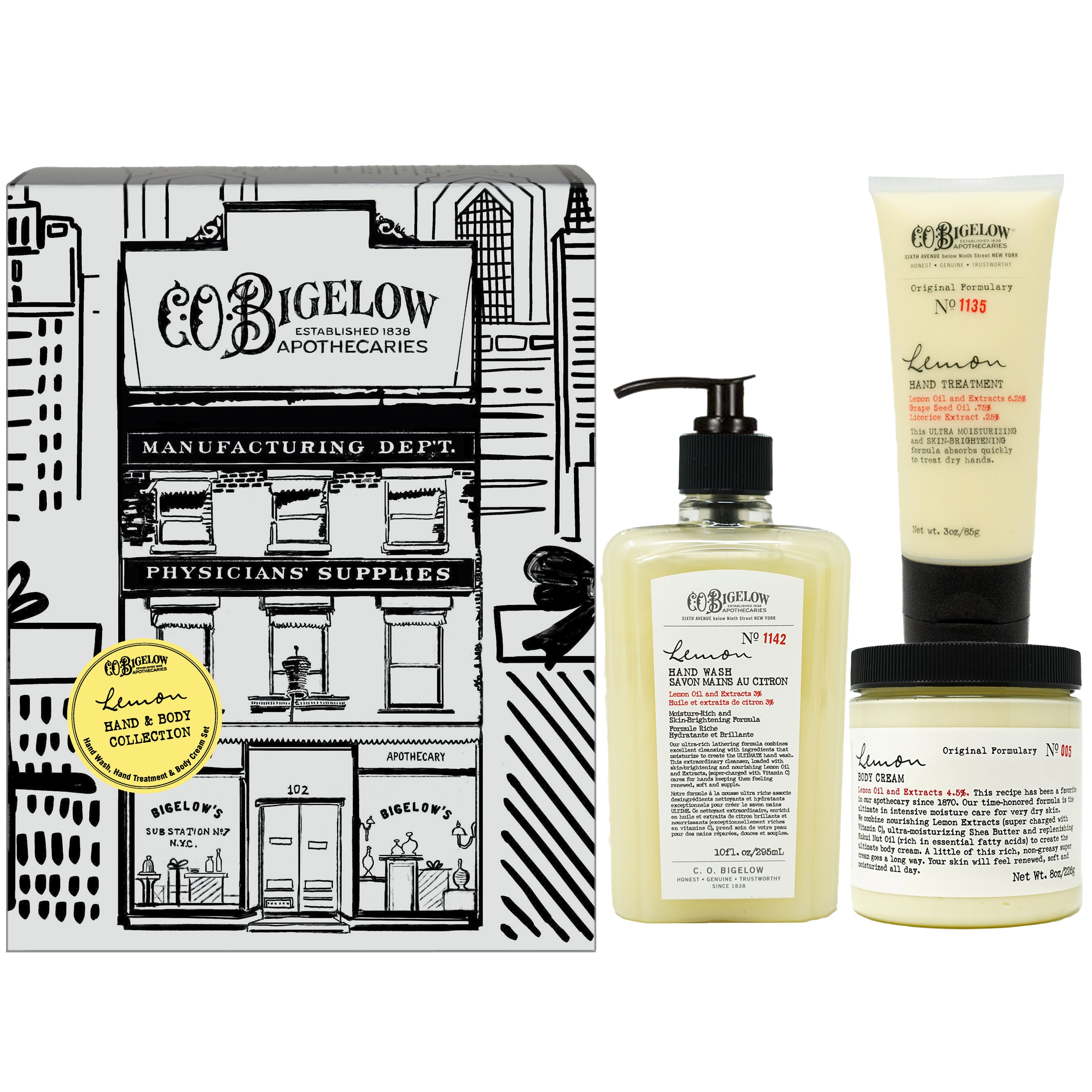 Set of Lemon Hand Wash, Hand Treatment, and Body Cream with packaging design on a white background