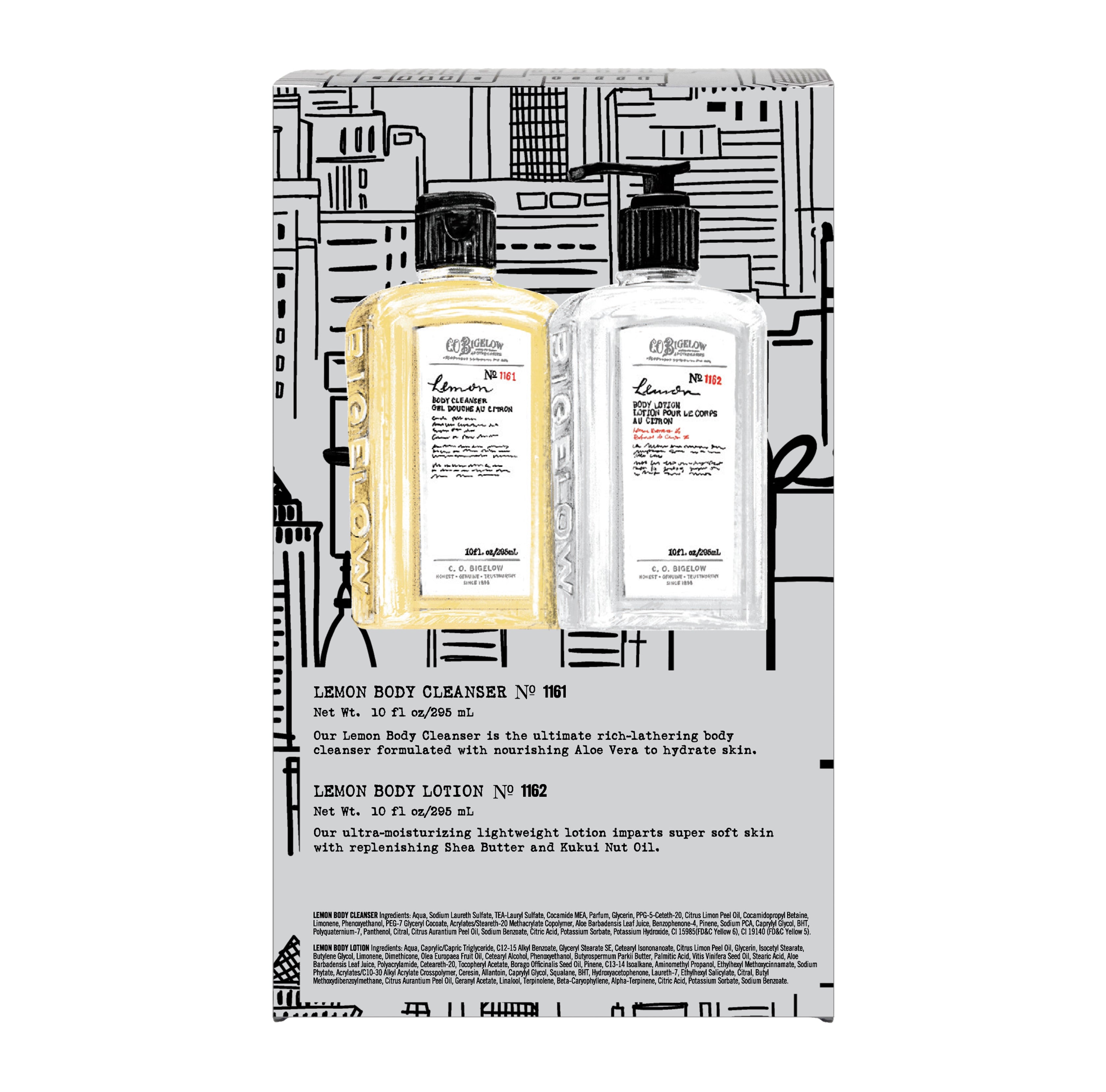 Two bottles of Lemon Body Cleanser and Lemon Body Lotion on a patterned box.