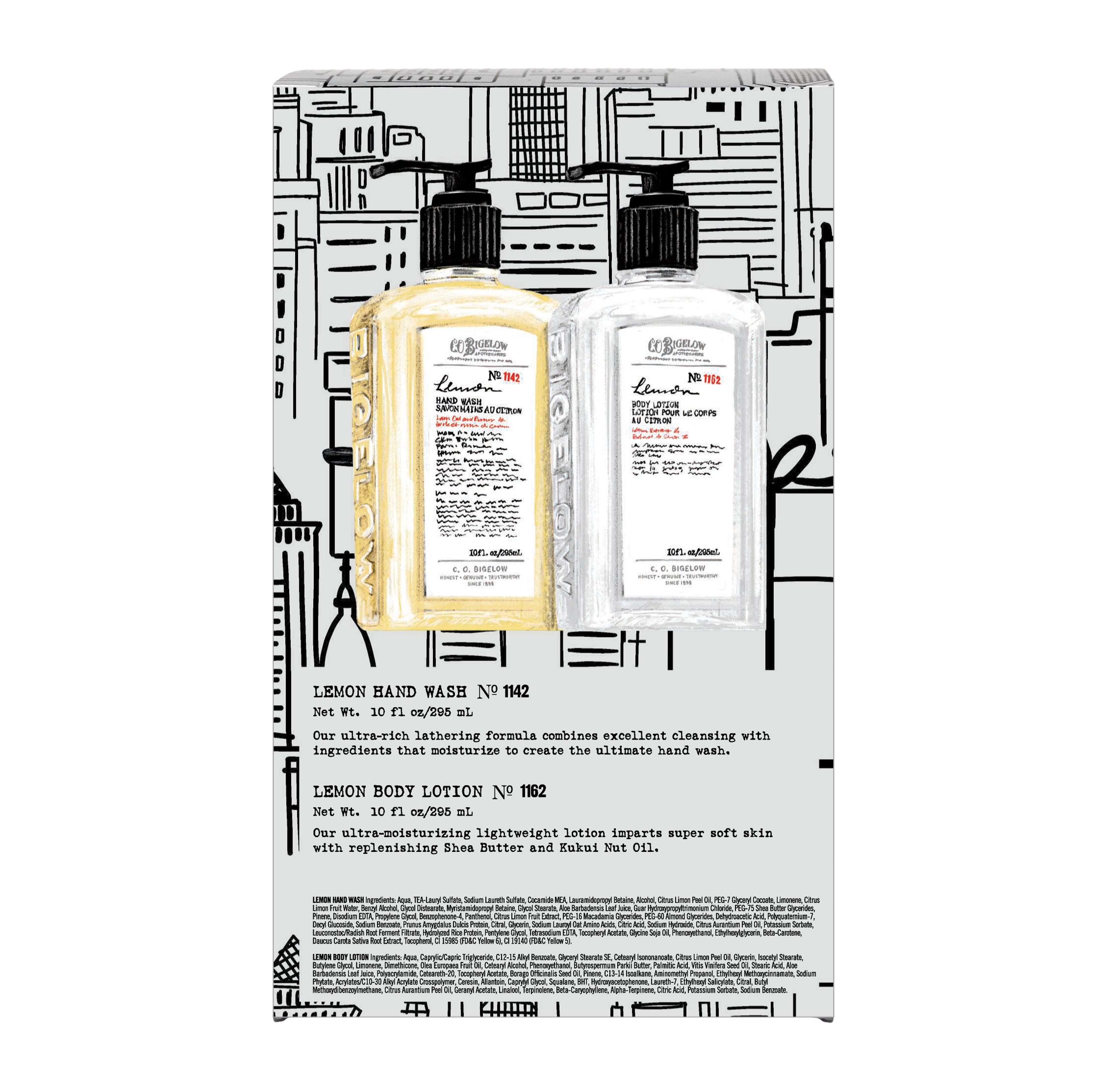 Set of Lemon Hand Wash and Lotion with packaging featuring black and white design