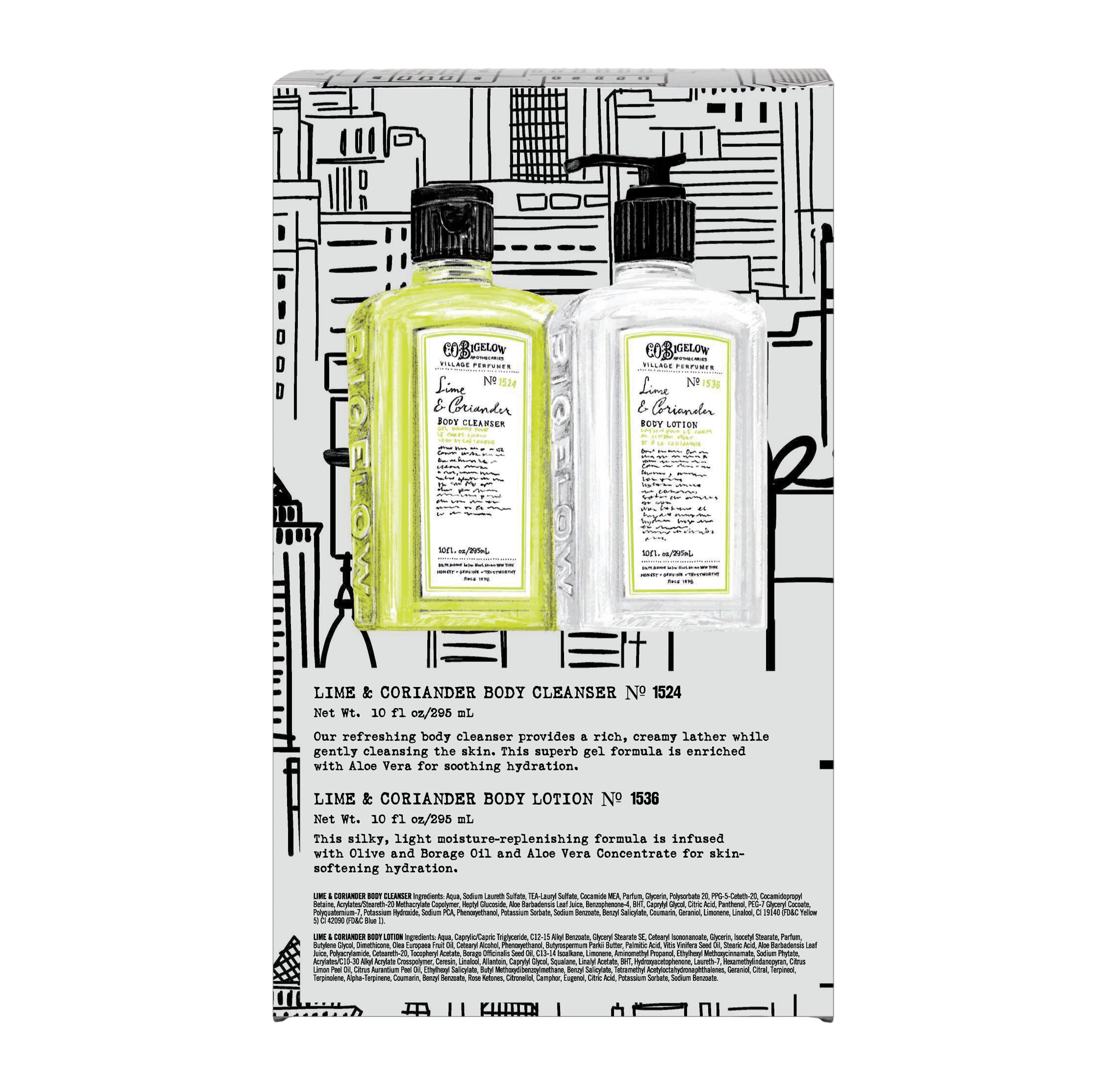 Two bottles of Lime & Coriander body products on a decorative box with black and white design.