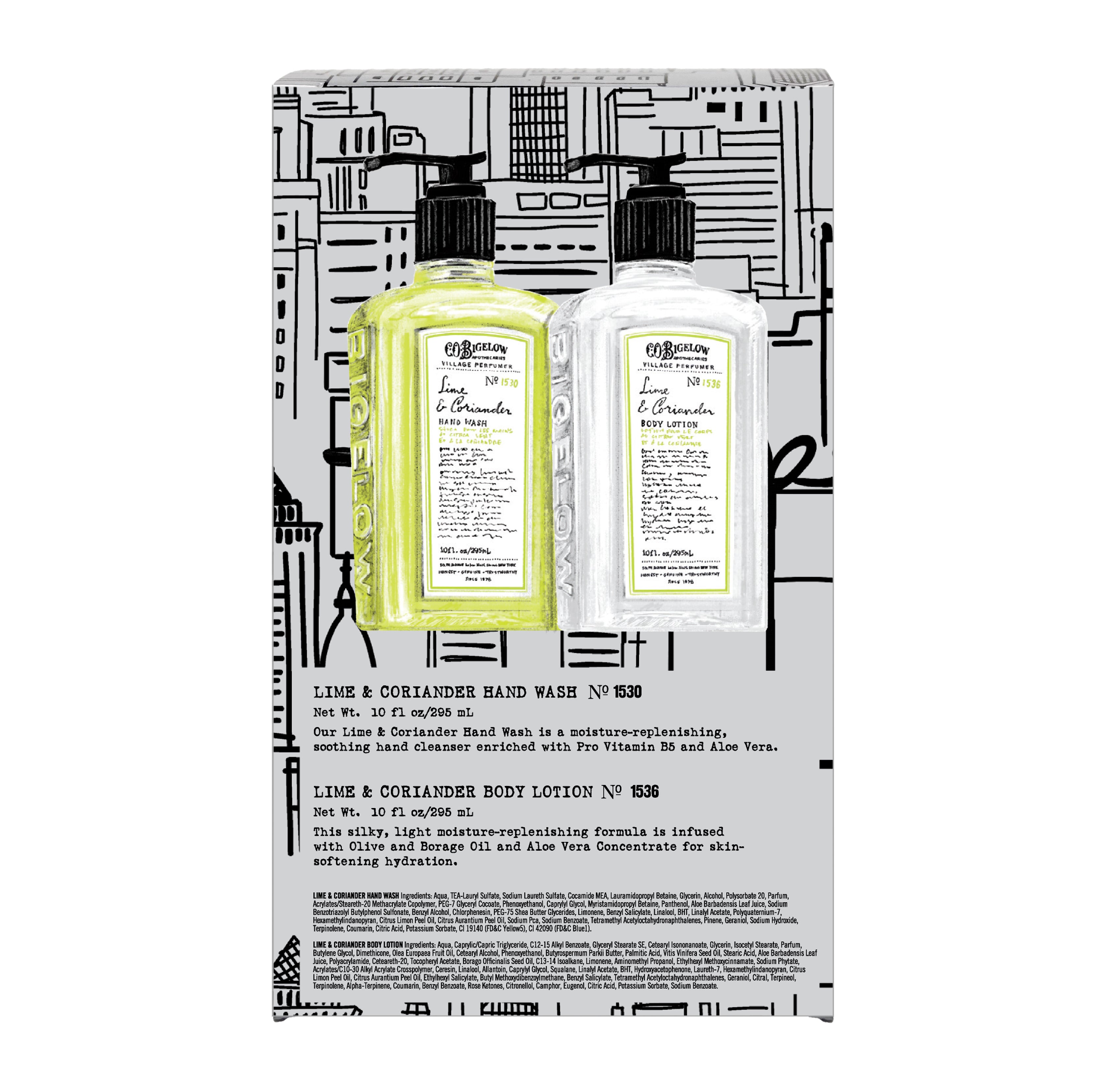 Hand Wash and Body Lotion bottles of CO Bigelow Lime & coriander body wash with a branded box on a white background.