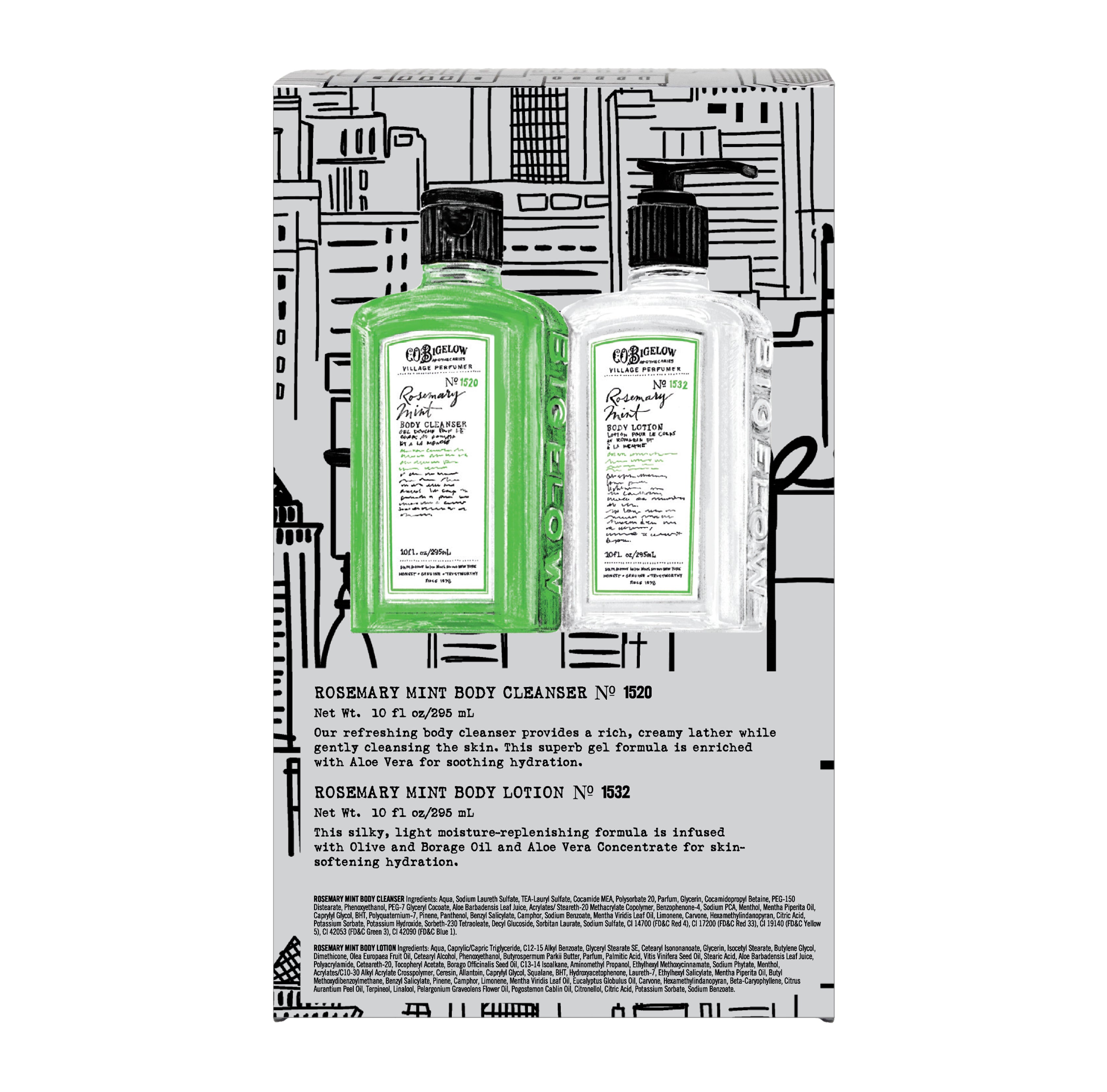 Two bottles of Rosemary Mint hand wash and lotion on a decorative box with black and white design.