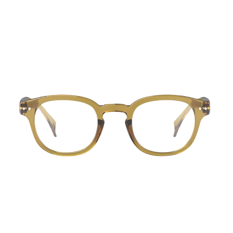 Golden green-framed eyeglasses on a white background