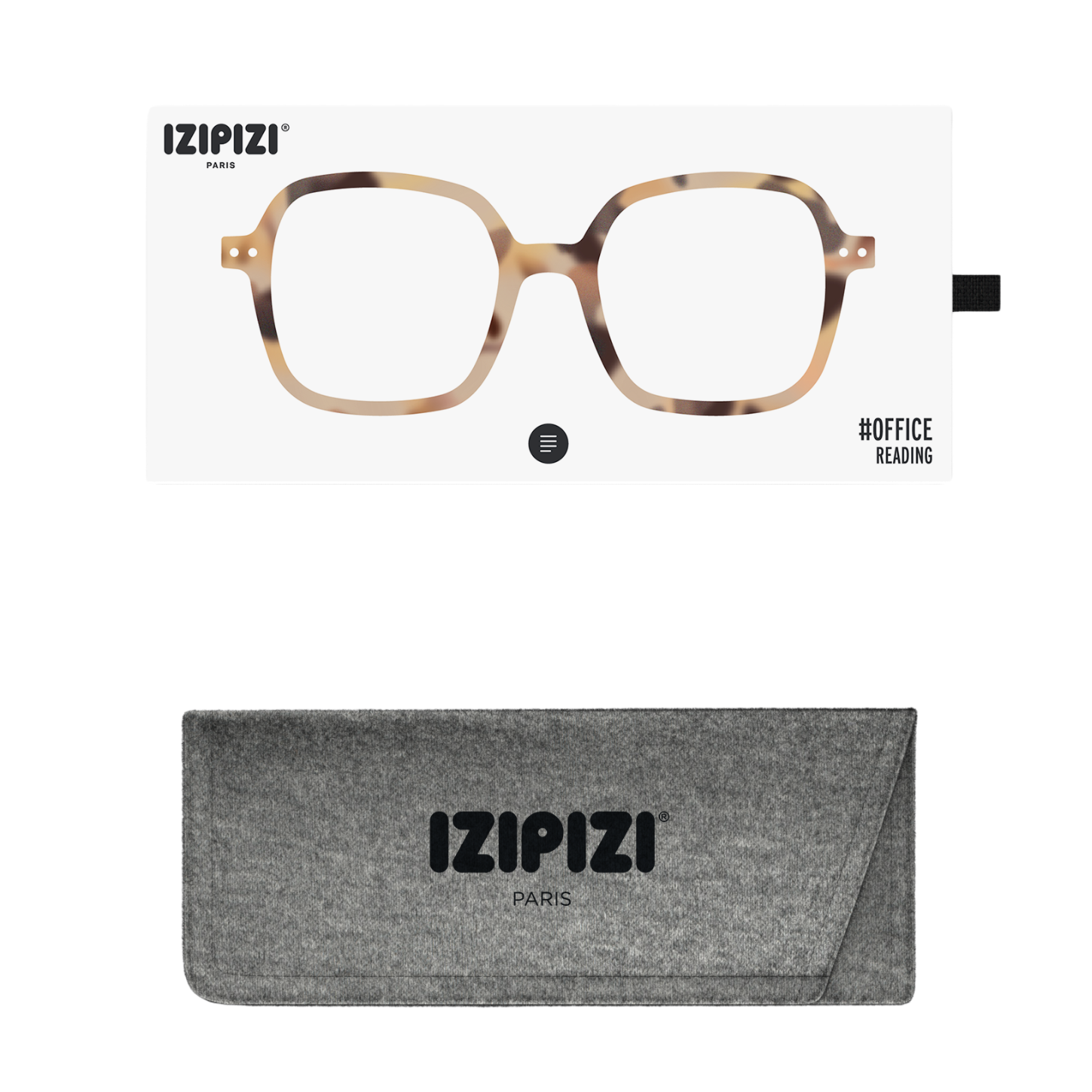 Izipizi eyeglasses with tortoiseshell frame and gray case on a white background