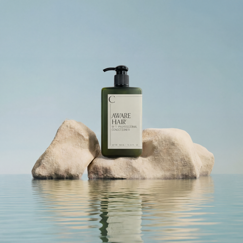 Bottle of 'Aware Hair' product on a rock with a calm water background