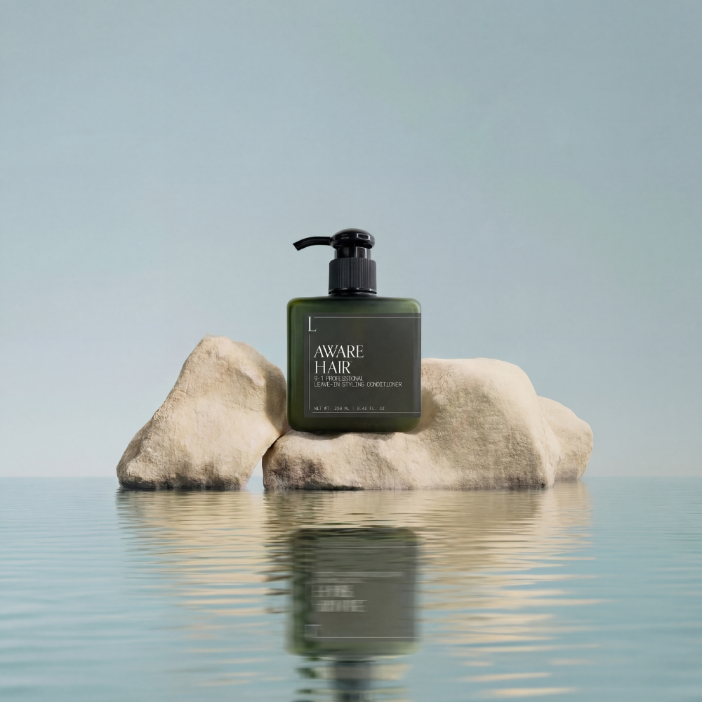Hair care product bottle labeled 'Aware Hair' on a rock with water reflection