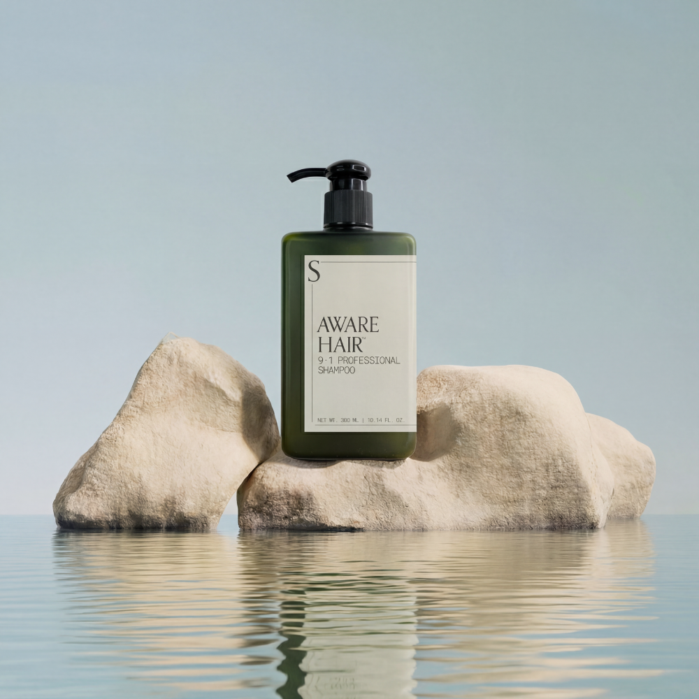 Shampoo bottle labeled 'Aware Hair' on a rock with water reflection