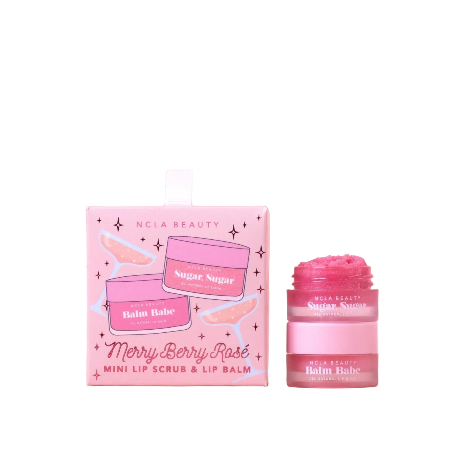 Pink lip scrub and lip balm with packaging on a pink background