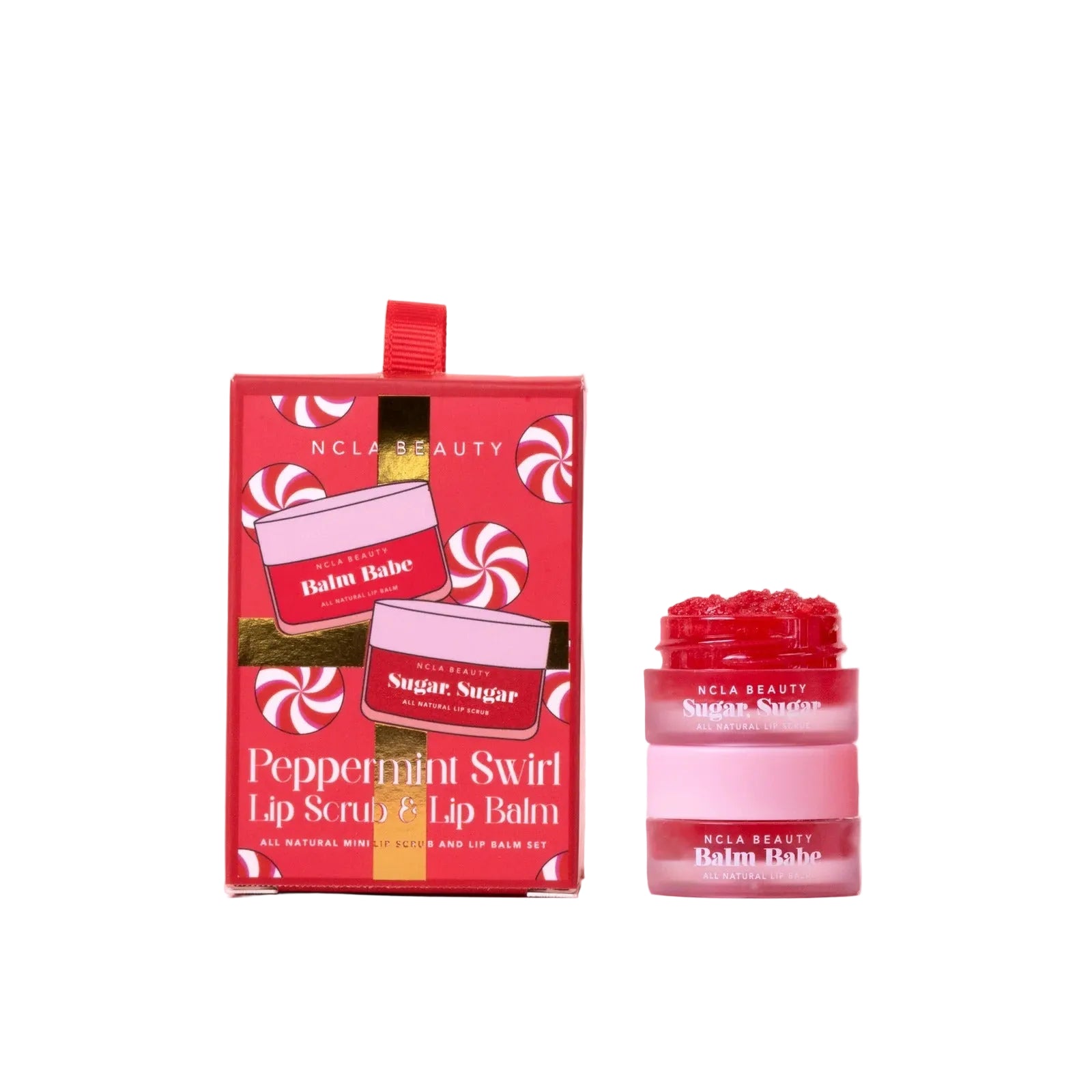 NCLA Beauty peppermint swirl lip scrub and lip balm set on a white background