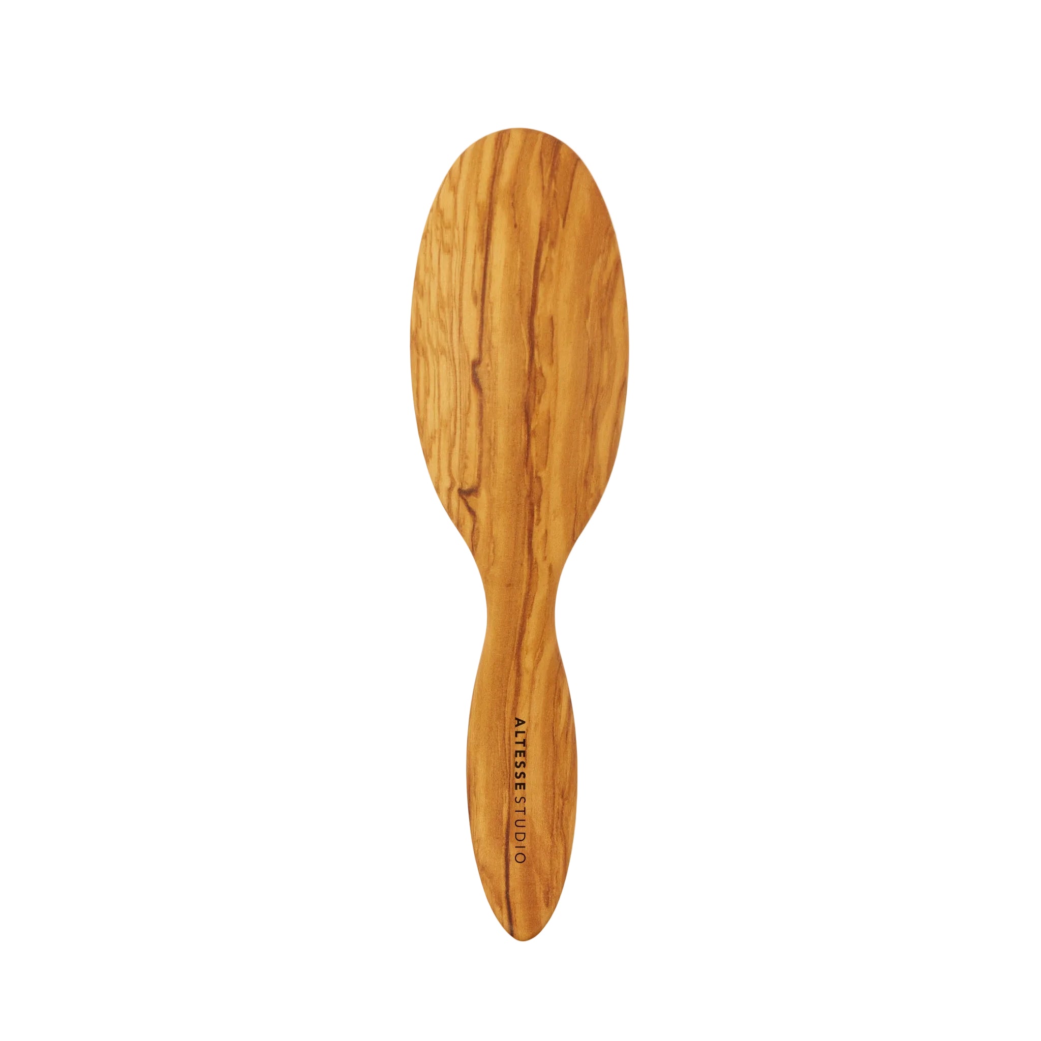 An olive wood hairbrush with a natural grain pattern, featuring the brand name  printed vertically on the handle, set against a solid off-white background.
