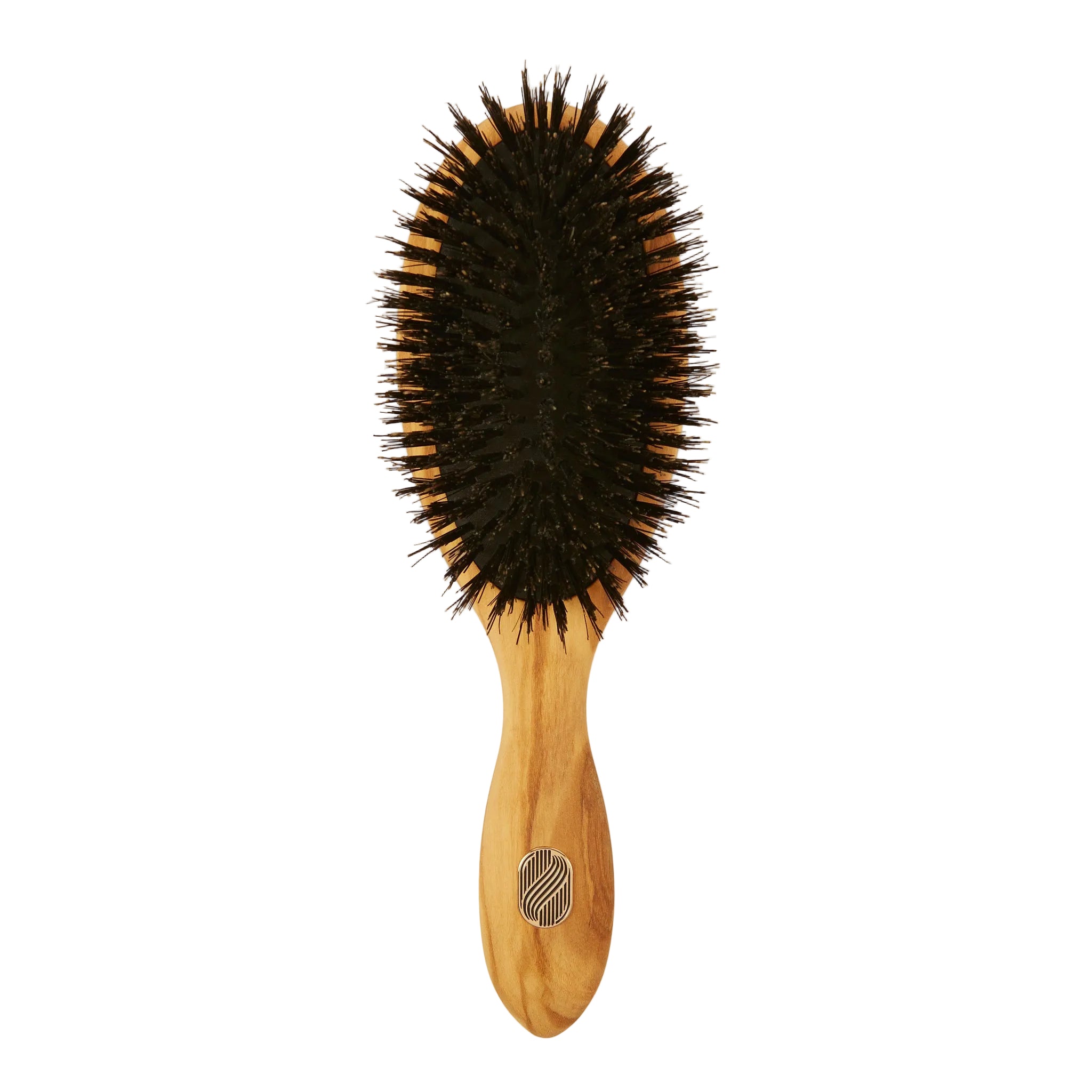 A wooden hairbrush with dark brown bristles and a light natural wood handle, shown against a plain off-white background.
