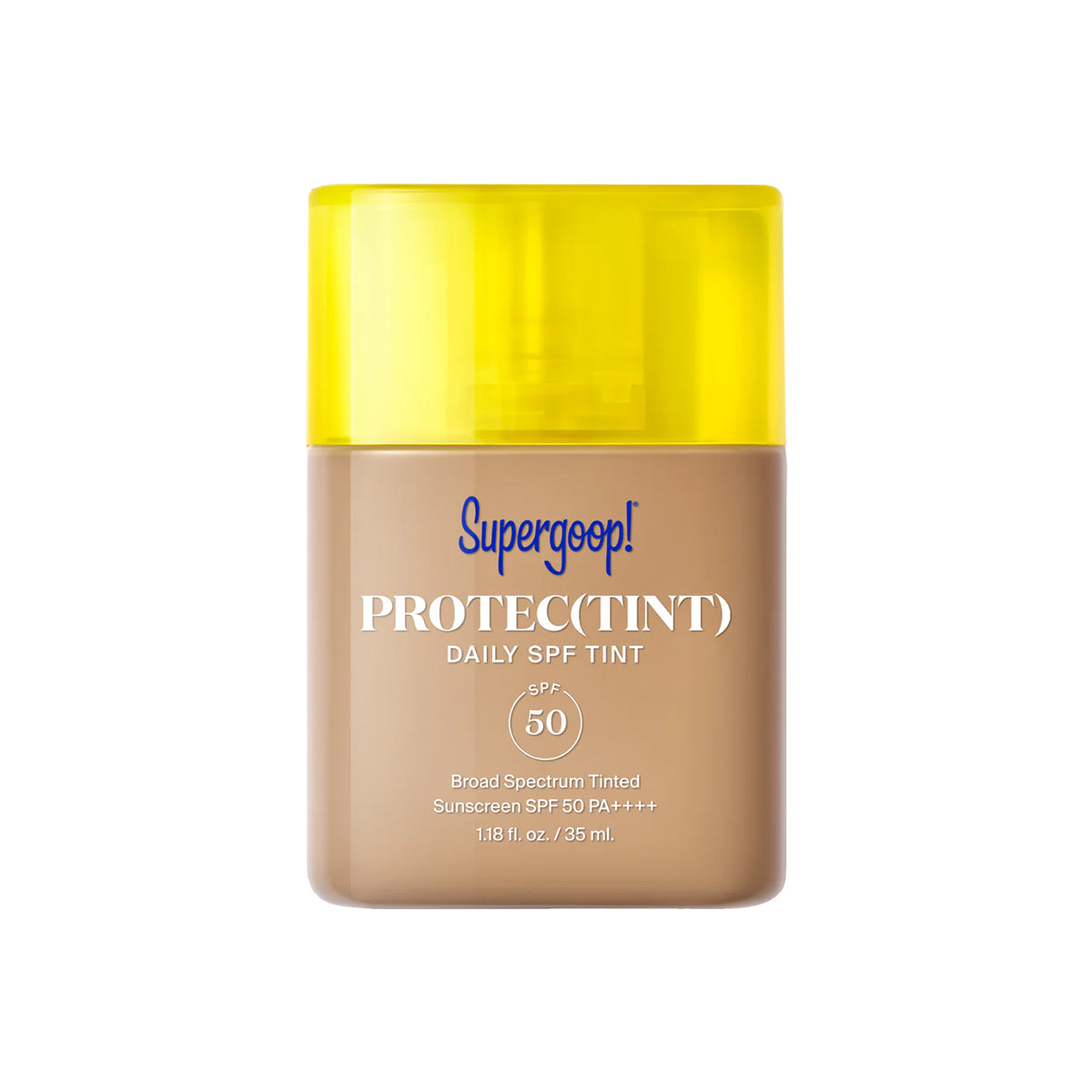Supergoop! Protec(Tint) Daily SPF Tint with yellow cap on a white background