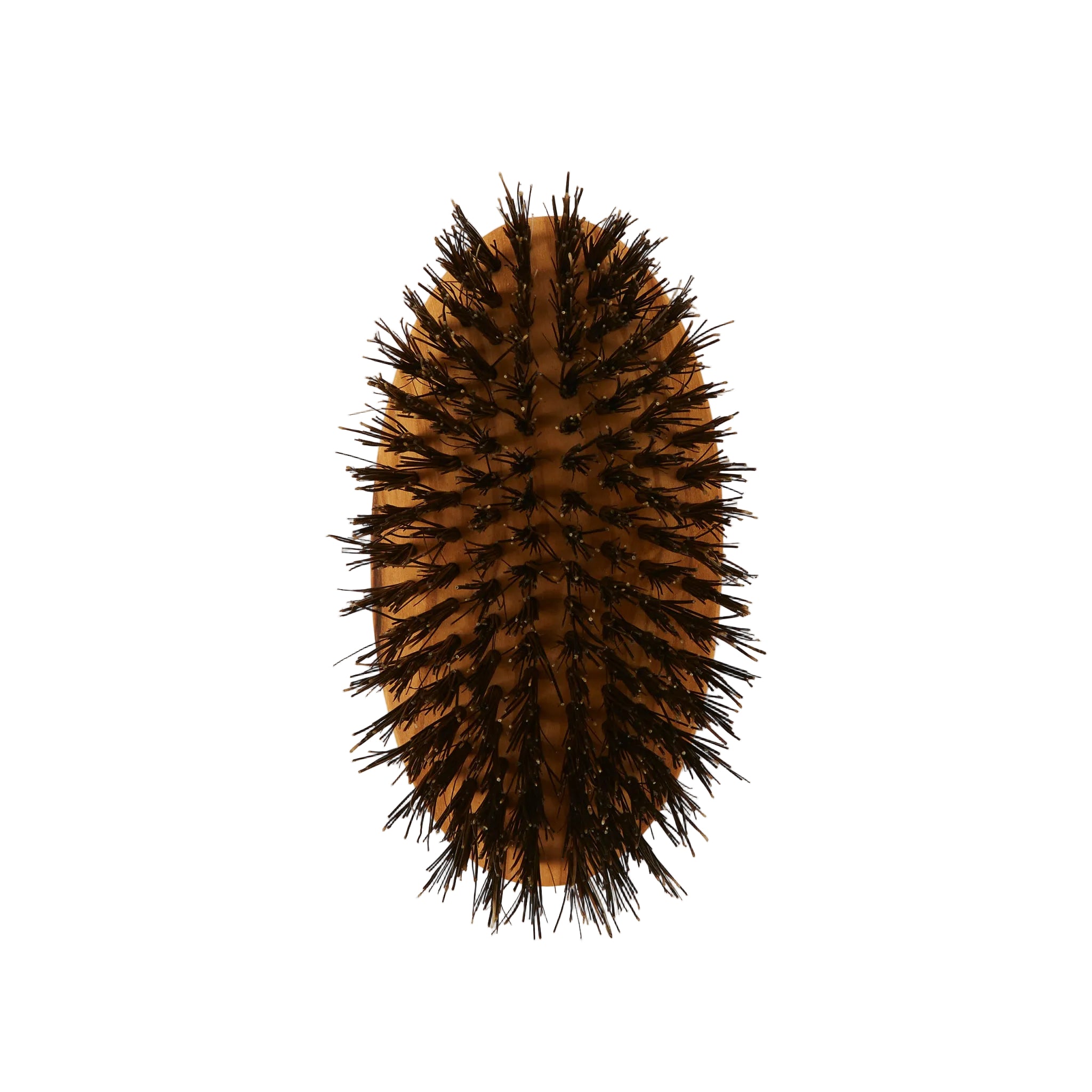 A classic oval hairbrush with dark brown bristles and a light brown wooden handle, photographed from directly above on a clean, off-white background.