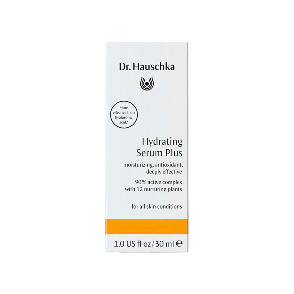 A tall, narrow white box of Dr. Hauschka Hydrating Serum Plus with black text and a bright orange band near the bottom, shown on a plain white background.