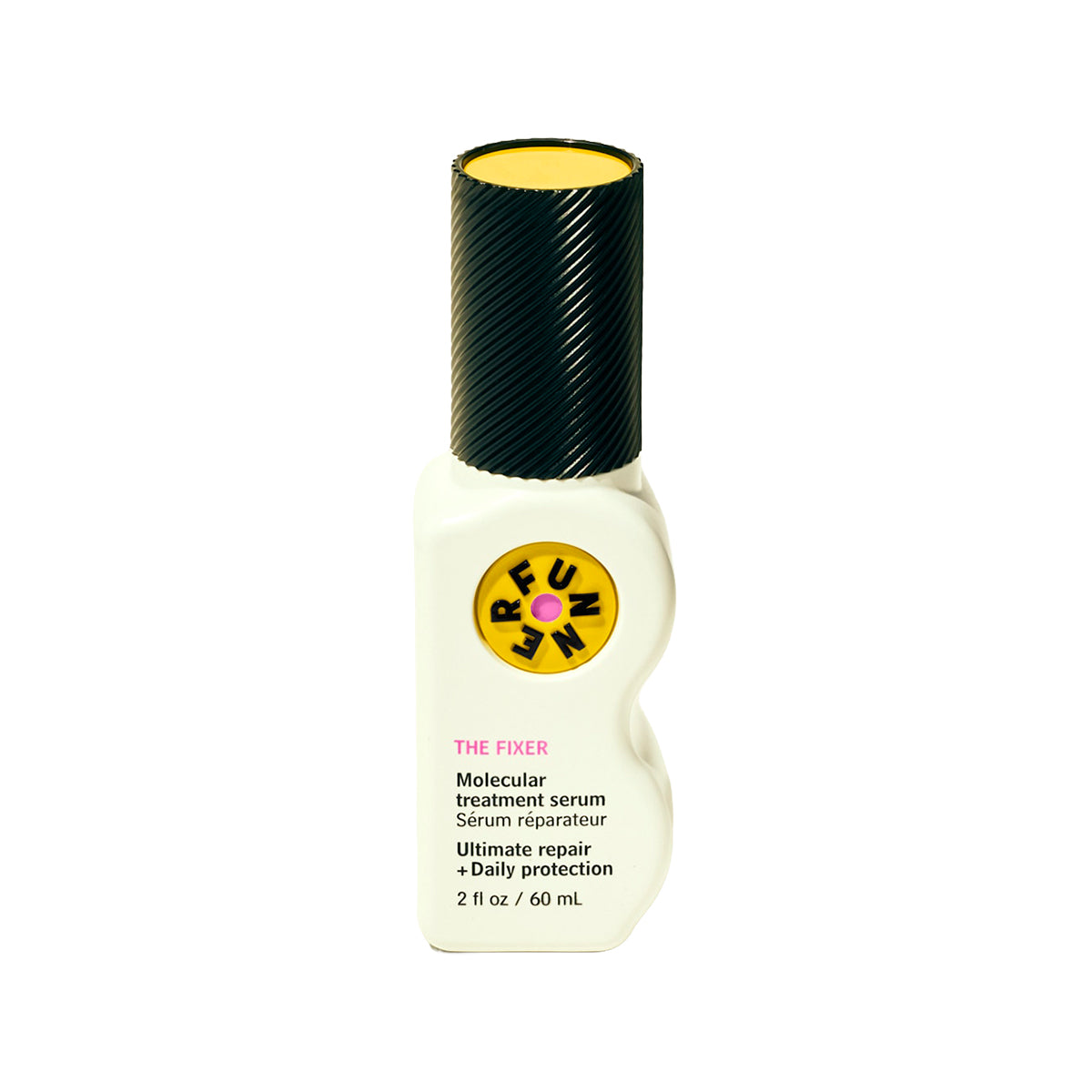 Haircare serum bottle with black cap and white body on a white background