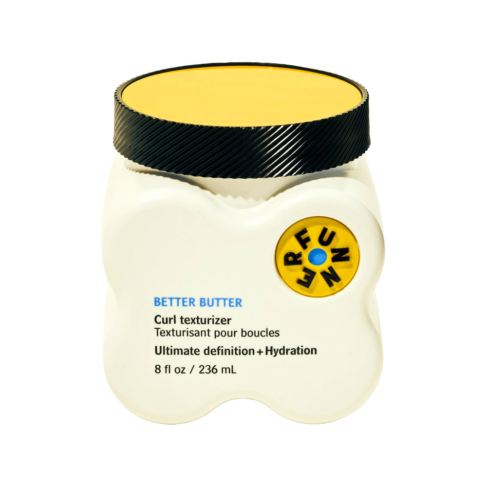 Jar of 'Better Butter' curl texturizer with yellow lid on a white background