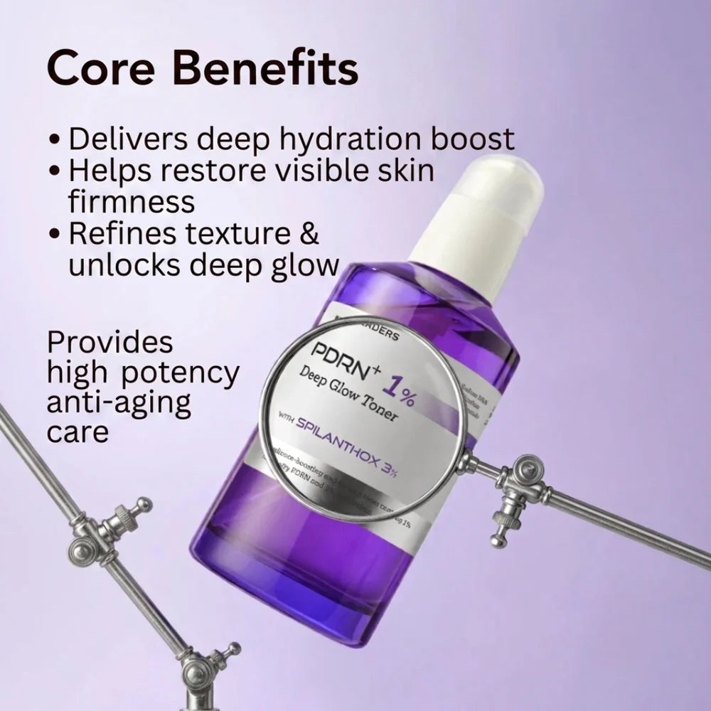 A purple spray bottle of PDRN Deep Glow Toner with a white cap, shown on a metallic stand with text overlays detailing its core benefits against a light purple background.