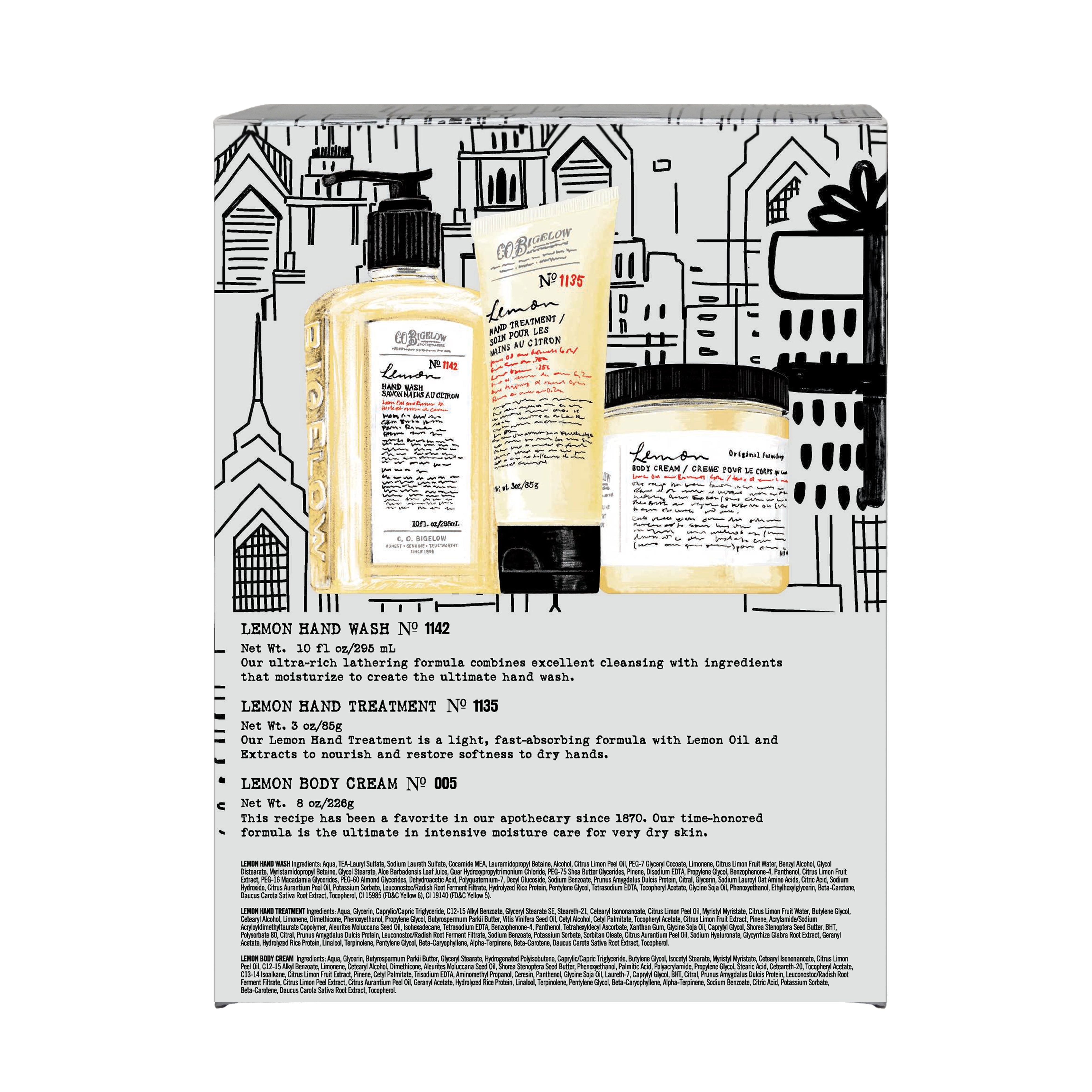 Set of Lemon Hand Wash, Hand Treatment, and Body Cream with packaging design on a white background