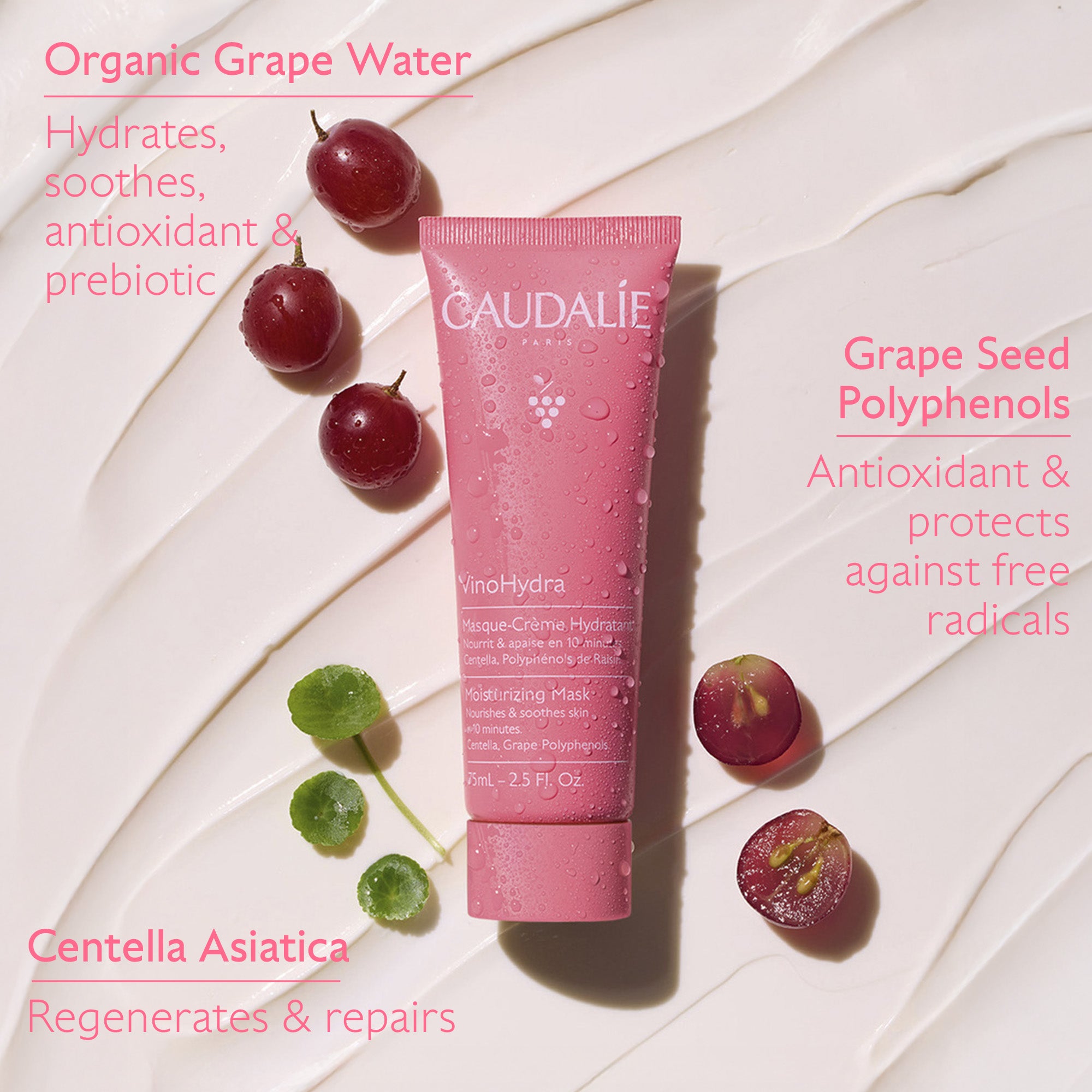 Caudélé skincare product with grapes and text on a light background