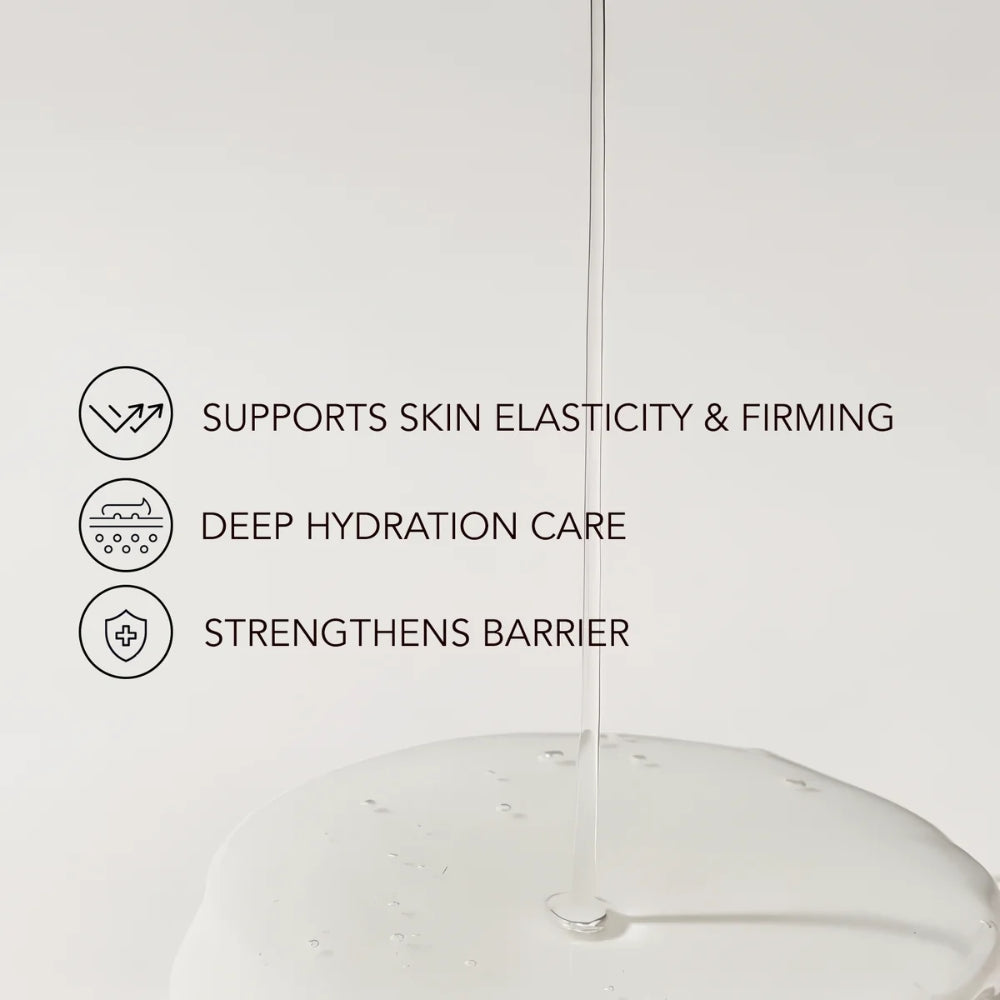 A close-up of a clear skincare serum or gel being drawn up through a fine tube above a white cream pool, with three black feature icons and text reading: supports skin elasticity & firming, deep hydration care, and strengthens barrier.