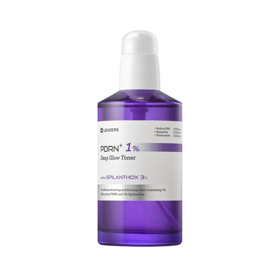 A purple glass bottle of Leaders PORN+ 1% Deep Glow Toner with a white pump dispenser, shown on a plain white background.