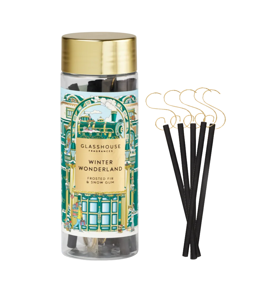 Glasshouse Fragrances Winter Wonderland diffuser with decorative sticks on a white background