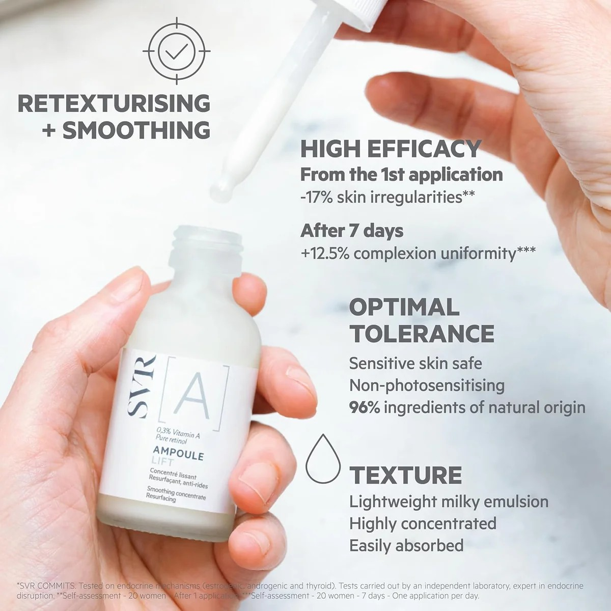 SVR skincare product with text on retexturizing, smoothing, efficacy, tolerance, and texture.