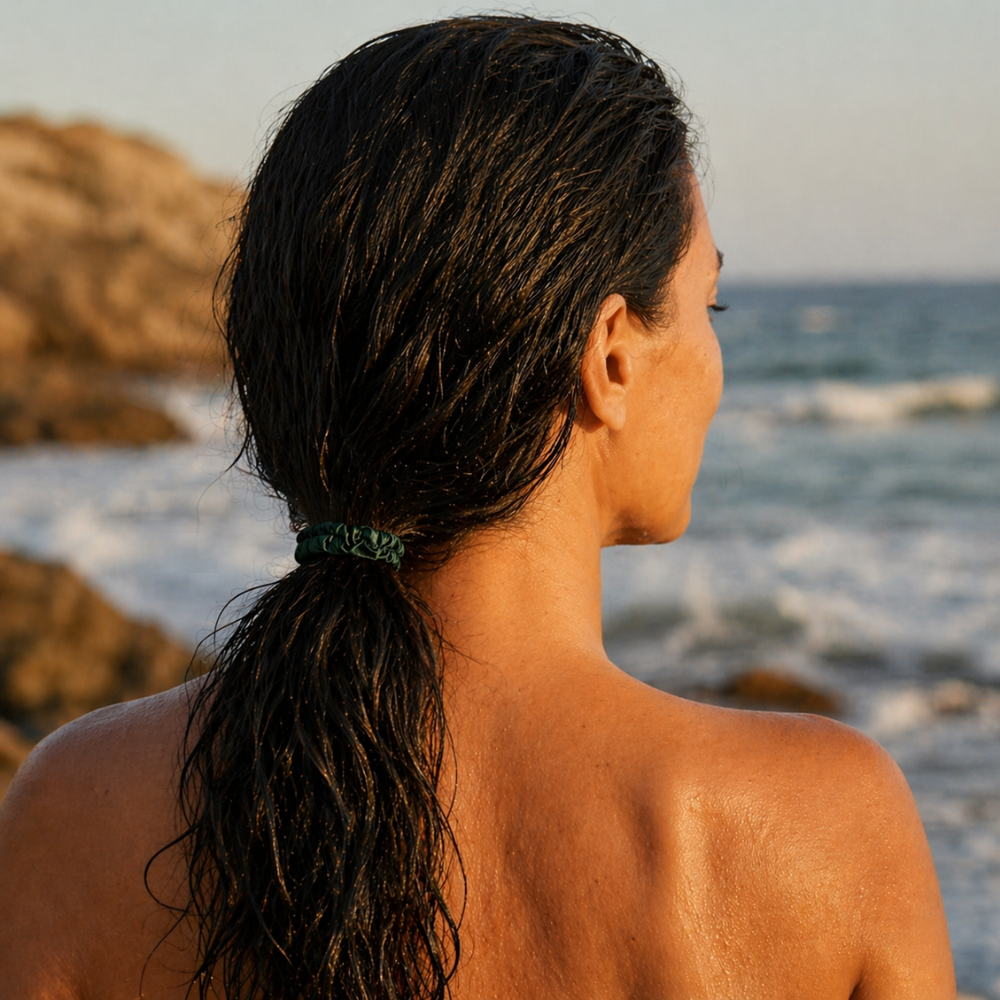 Person with wet hair standing on a beach looking at the ocean