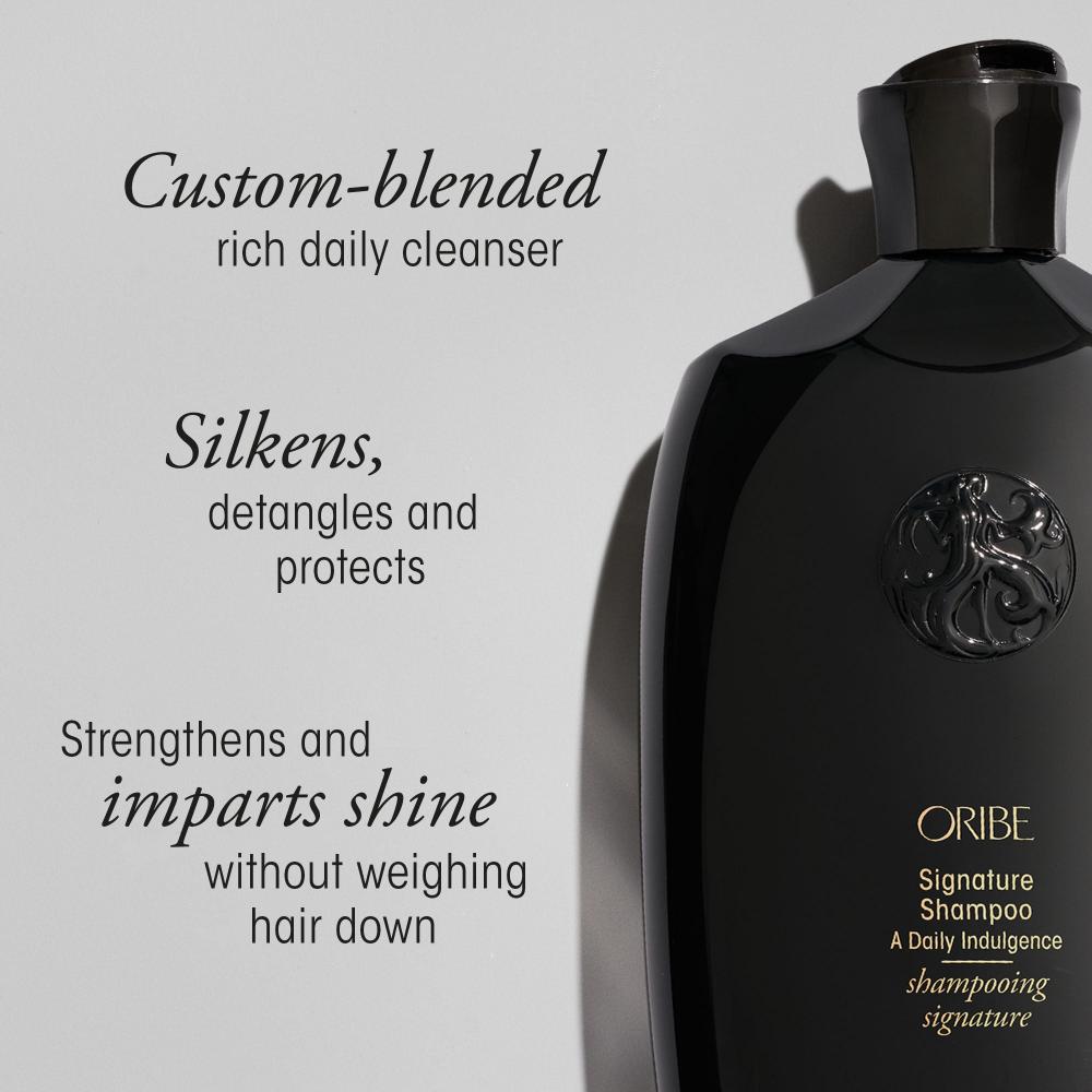 Graphic of Black Signature Shampoo bottle alongside product details 