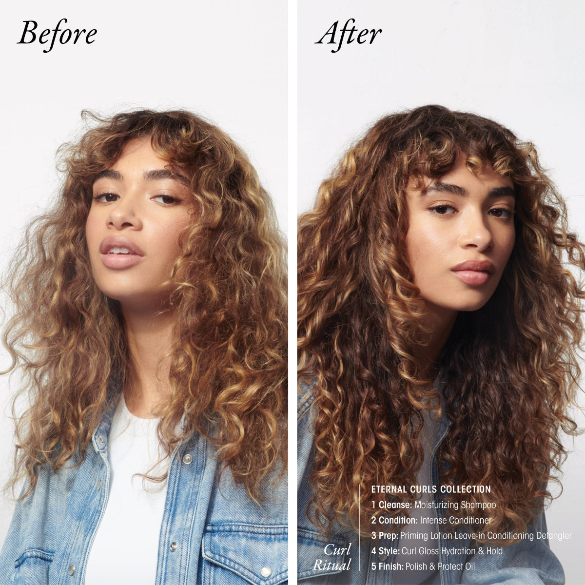 Before and after comparison of a woman's hair with product branding.