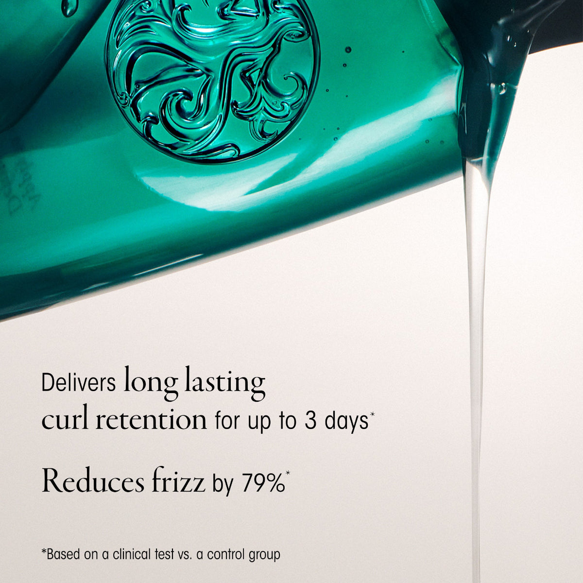 Teal bottle with a decorative cap pouring liquid onto a white background, with text about hair product benefits.