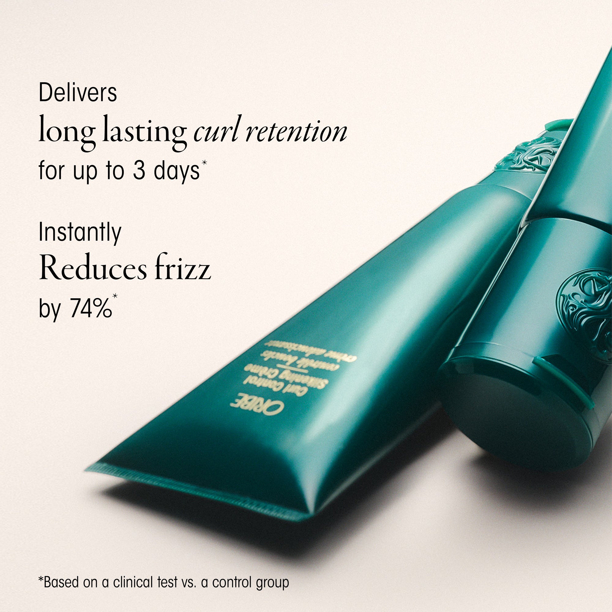 Teal hair product packaging with text on a white background