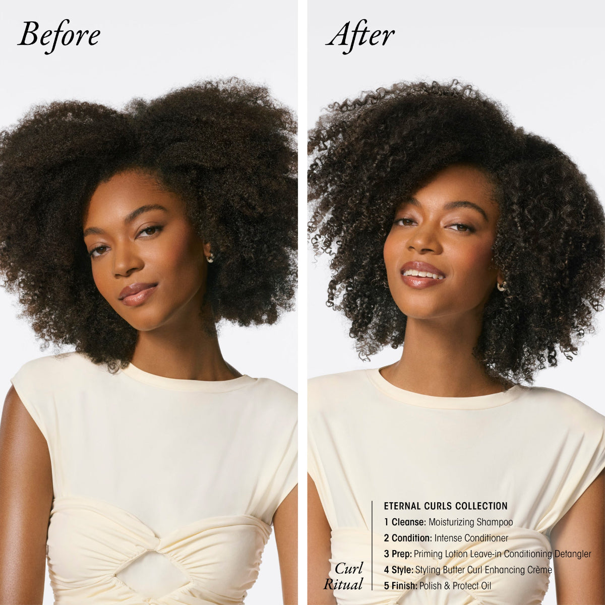 Before and after comparison of a woman's hair with product names listed.
