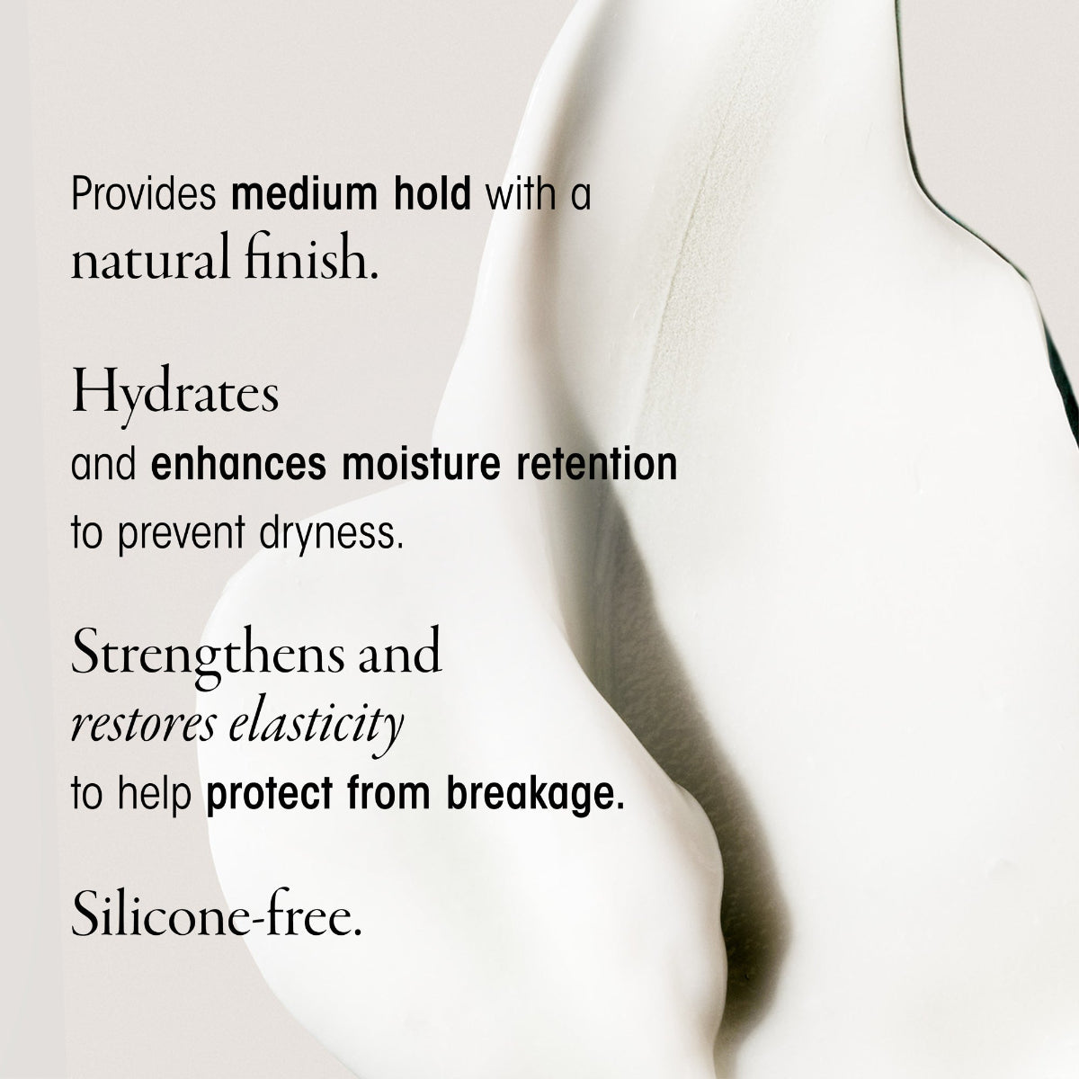 Text describing hair product benefits with a blurred background of a person wearing a white shirt.