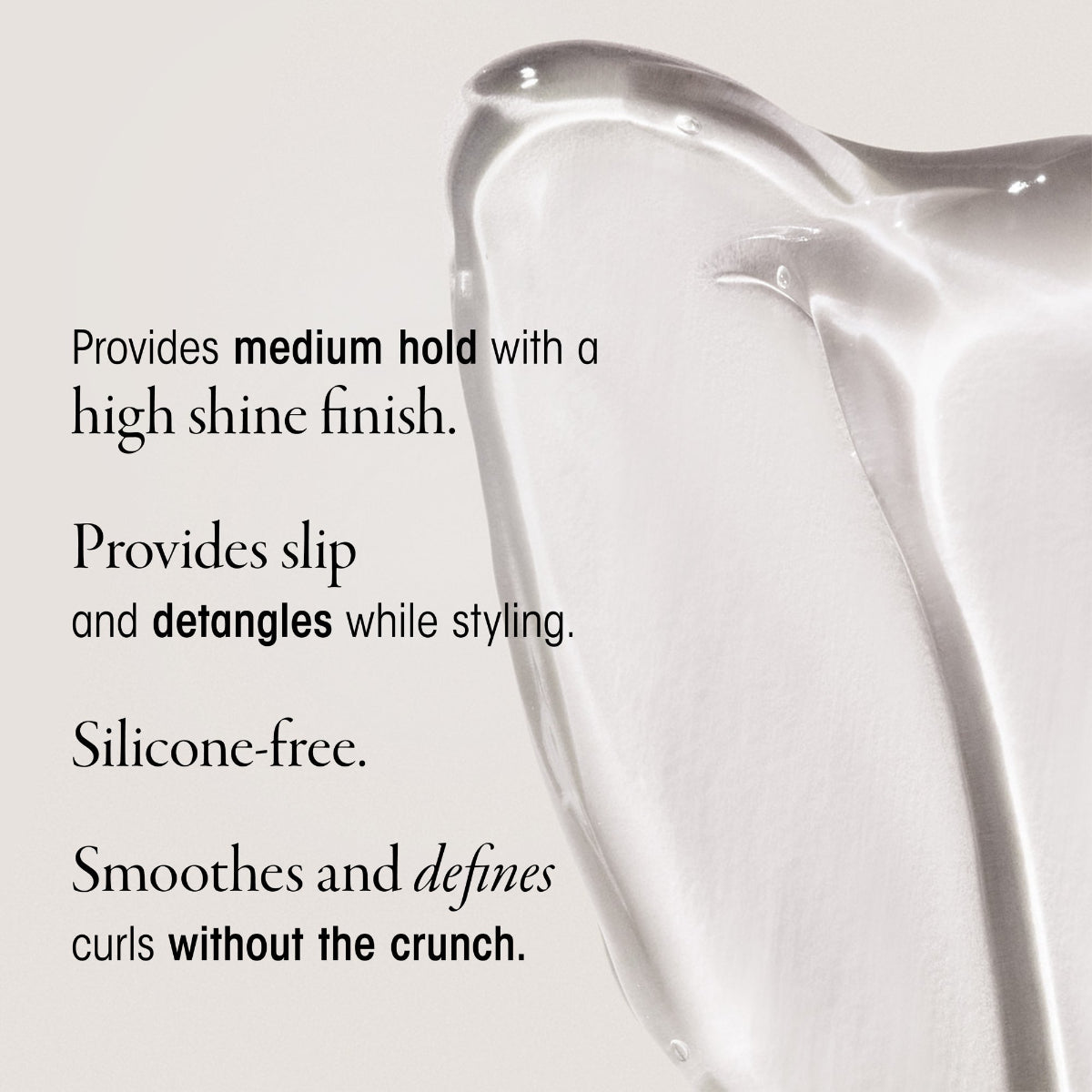 Clear hair product with text describing its features on a white background