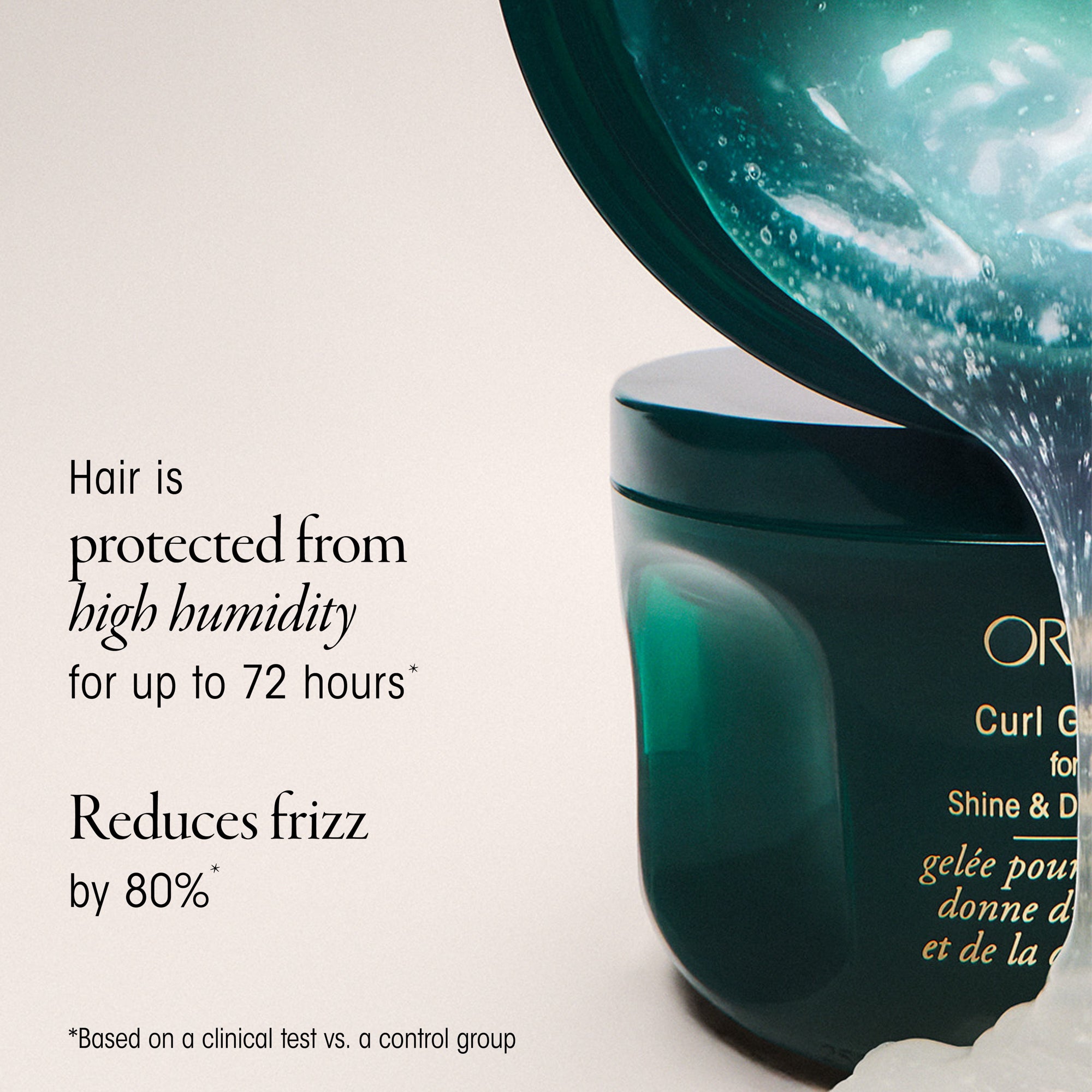 Orchid Curl Gel jar with text about hair protection and frizz reduction on a light background