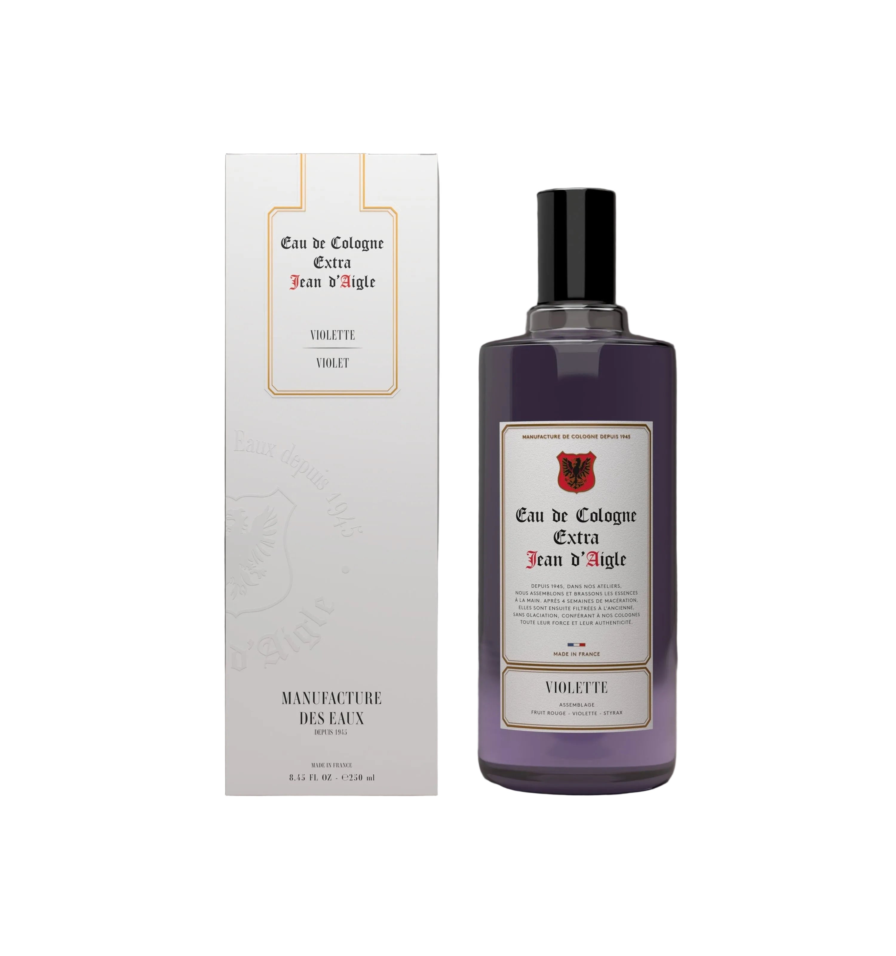 Eau de Cologne bottle and packaging on a gray background