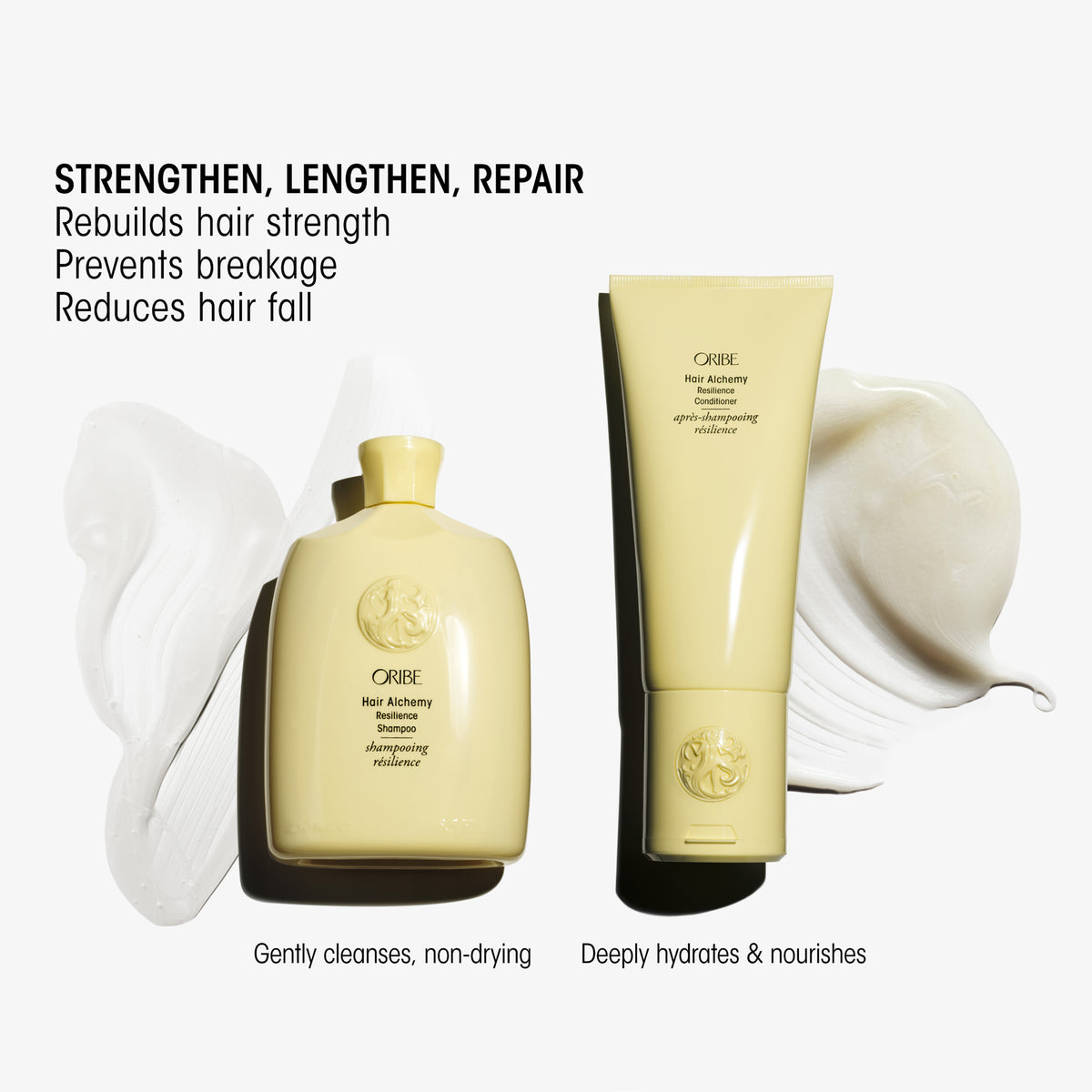 A cosmetic product set on a light gray background featuring a pale yellow bottle and matching squeeze tube with black text, flanked by white cream swirls. Promotional text at the top reads 'STRENGTHEN, LENGTHEN, REPAIR' and descriptive copy below the products.